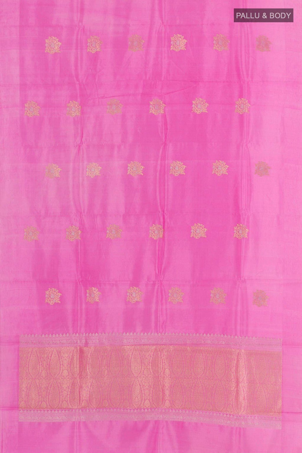 Flat view of Pink Banarasi Katan Silk Saree with Zari Butta on the body and Zari Border. 