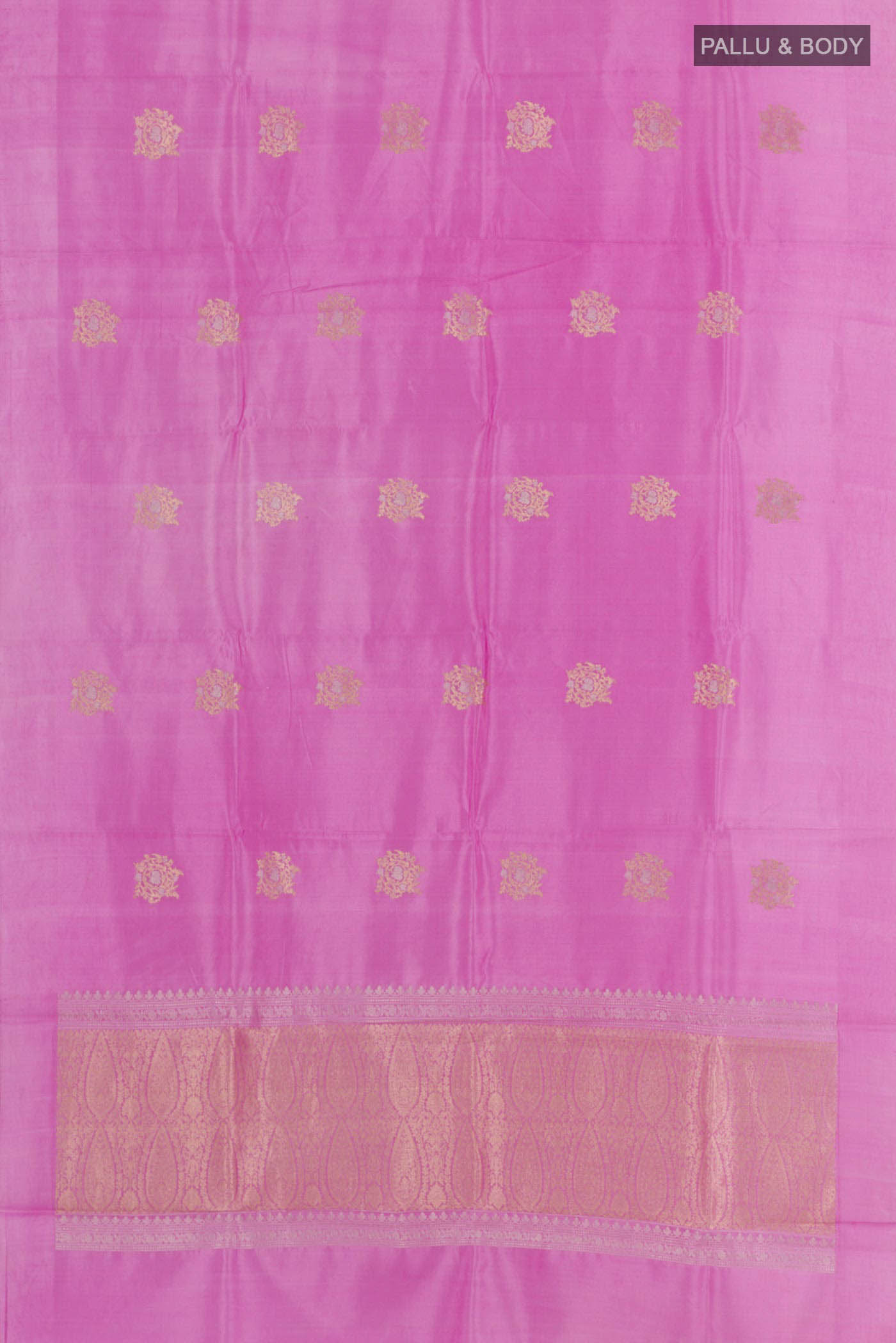 Flat view of Pink Banarasi Katan Silk Saree with Zari Butta on the body and Zari Border. 