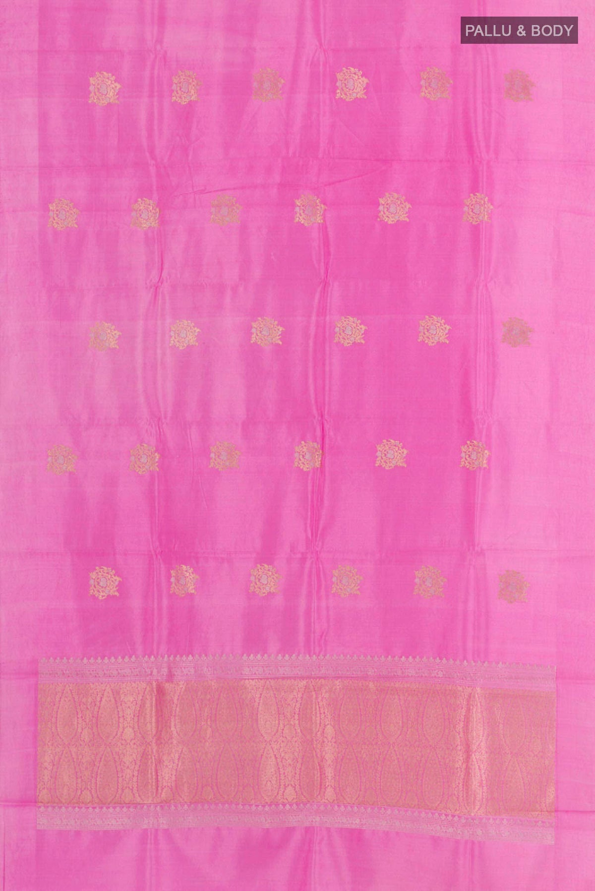 Flat view of Pink Banarasi Katan Silk Saree with Zari Butta on the body and Zari Border. 