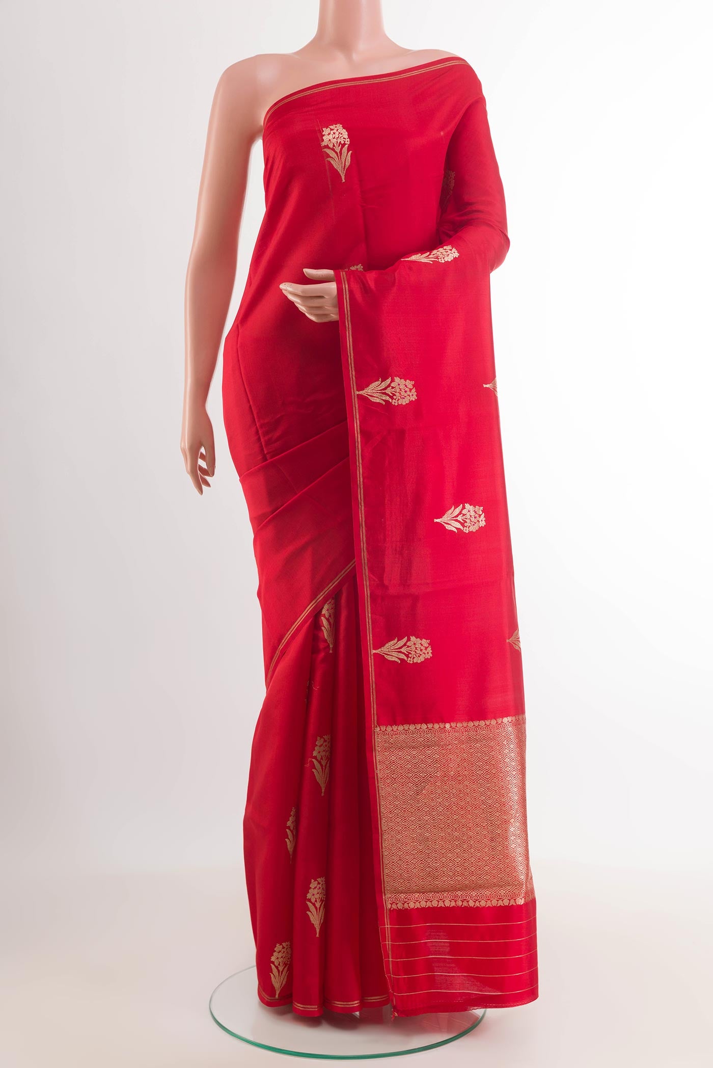 Red Banarasi Katan Silk Saree with Zari Butta on the body and Plain Border.  displayed on a mannequin
