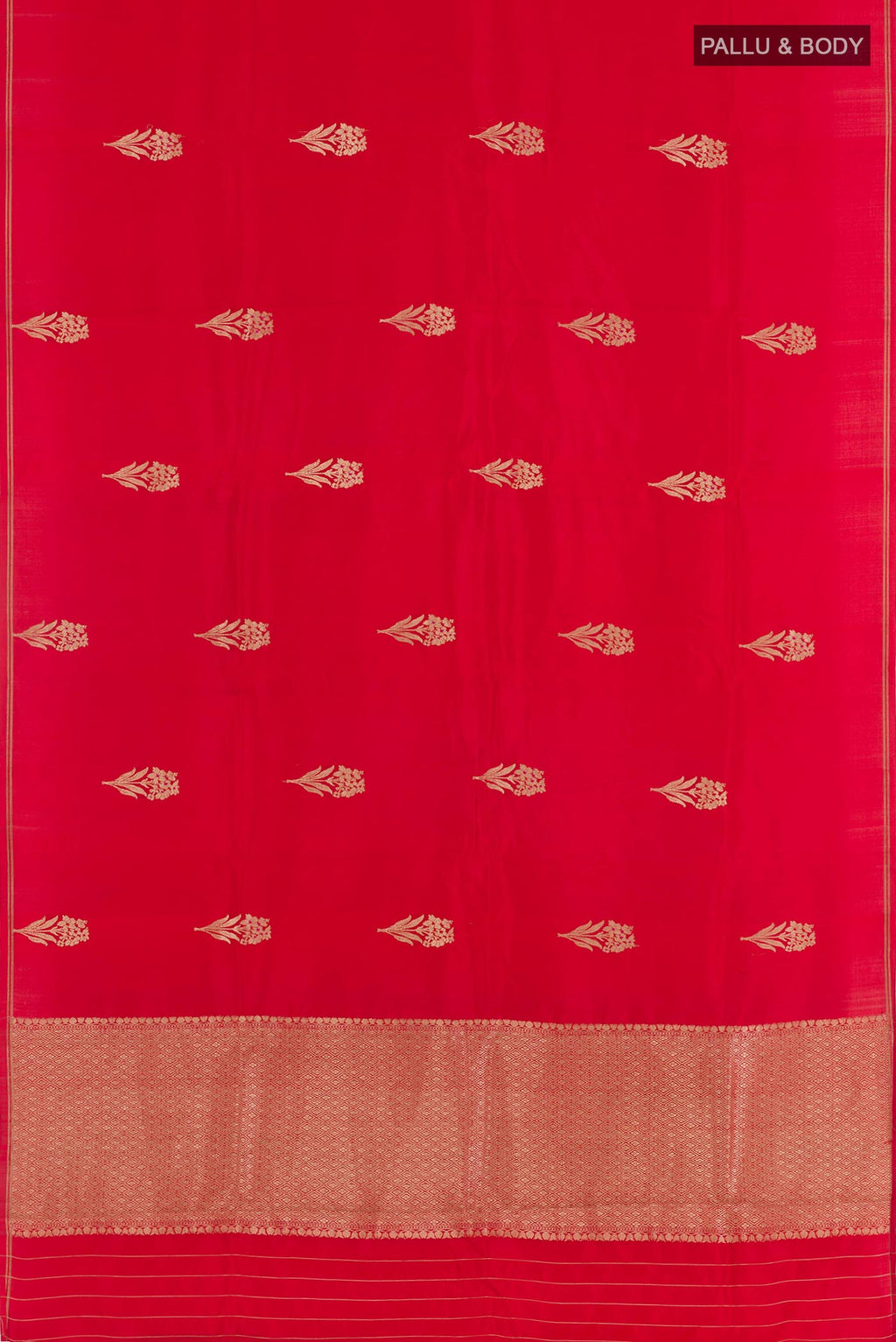 Flat view of Red Banarasi Katan Silk Saree with Zari Butta on the body and Plain Border. 