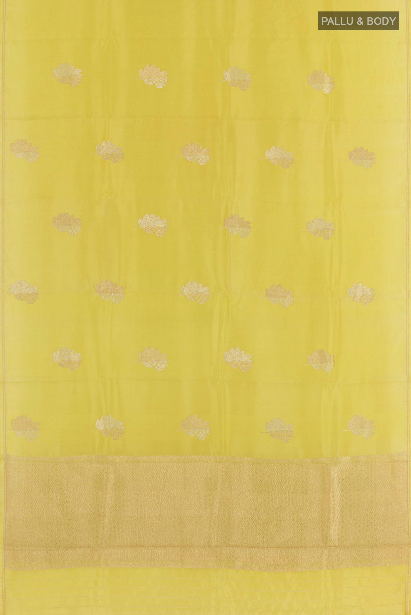 Flat view of Lemon Yellow Banarasi Katan Silk Saree with Zari Butta on the body and Plain Border. 