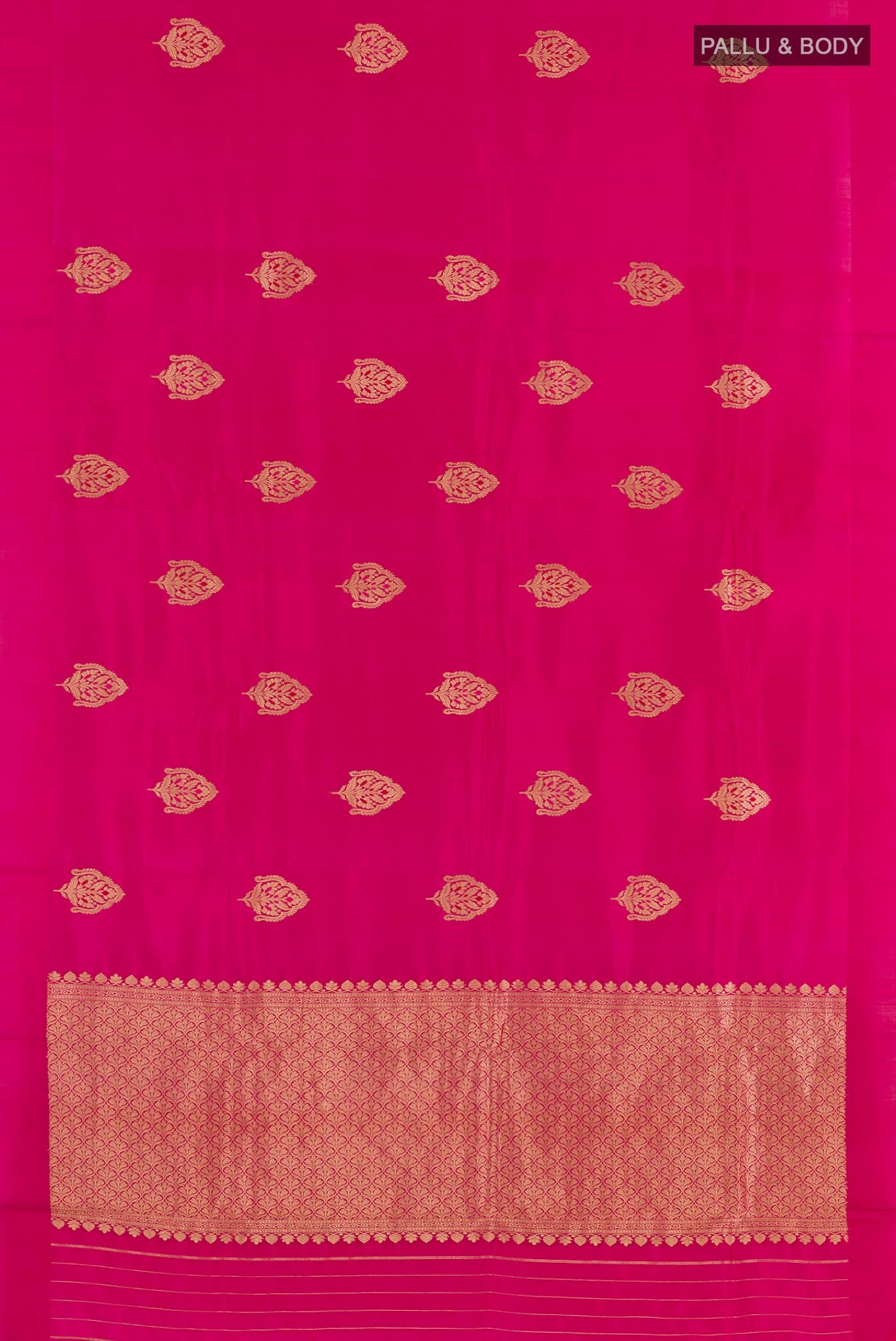 Flat view of Pink Banarasi Katan Silk Saree with Zari Butta on the body and Plain Border. 