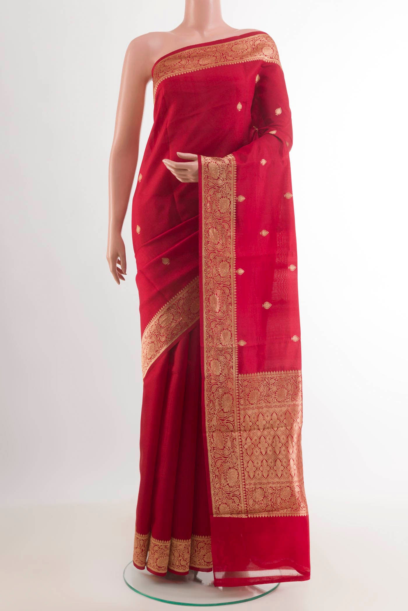 Red Banarasi Katan Silk Saree with Zari Butta on the body and Zari Border.  displayed on a mannequin