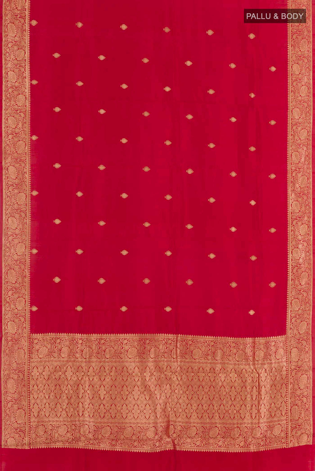 Flat view of Red Banarasi Katan Silk Saree with Zari Butta on the body and Zari Border. 