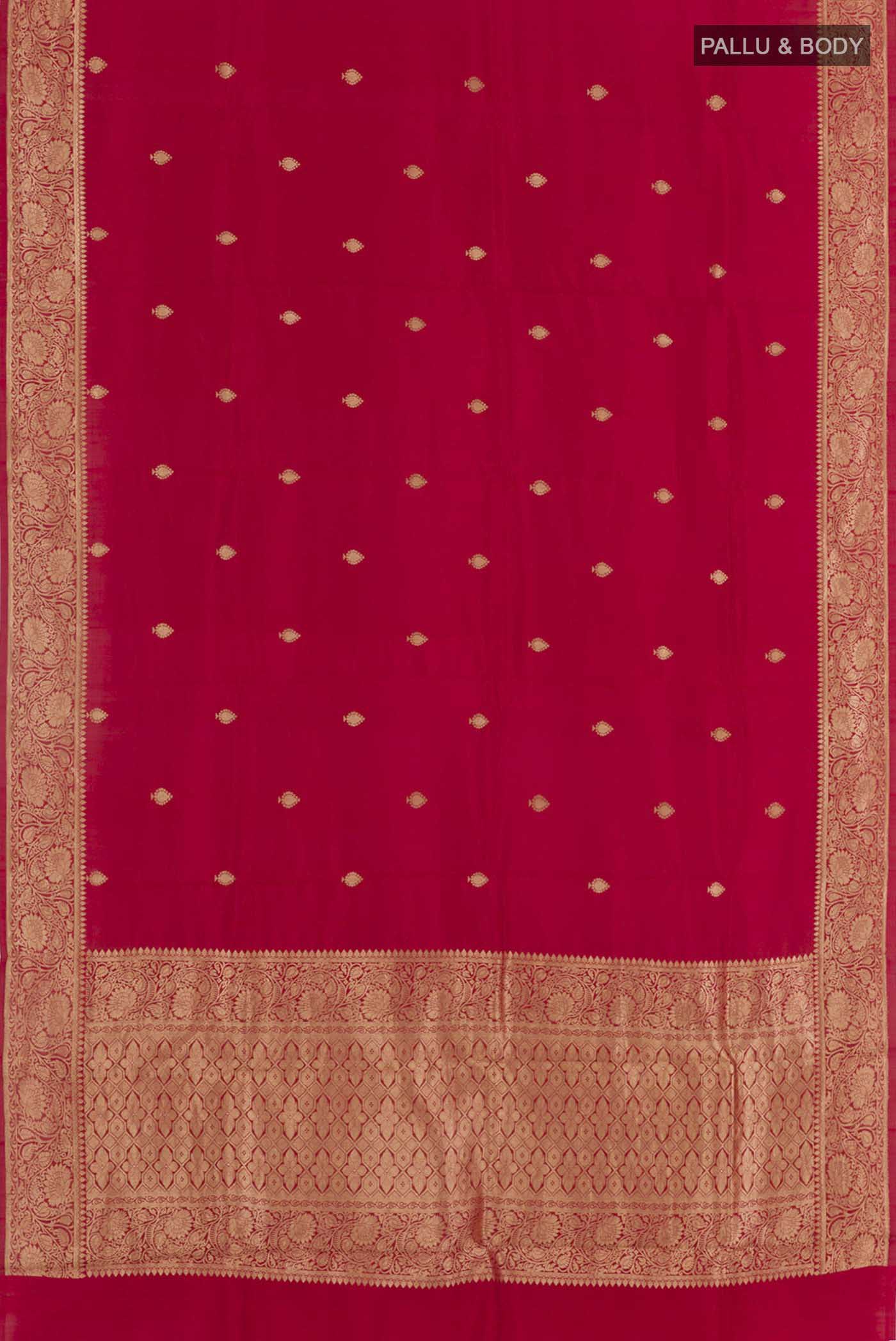 Flat view of Red Banarasi Katan Silk Saree with Zari Butta on the body and Zari Border. 