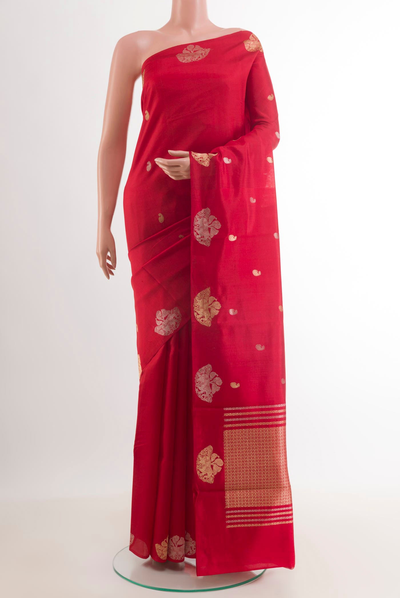 Red Banarasi Katan Silk Saree with Zari Butta on the body and Zari Border.  displayed on a mannequin
