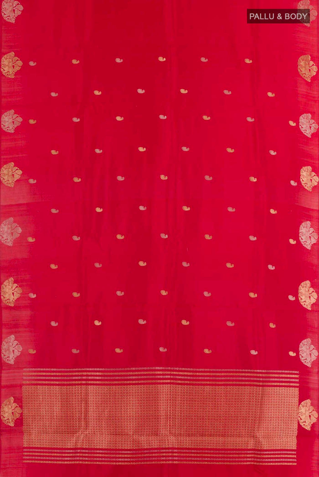 Flat view of Red Banarasi Katan Silk Saree with Zari Butta on the body and Zari Border. 