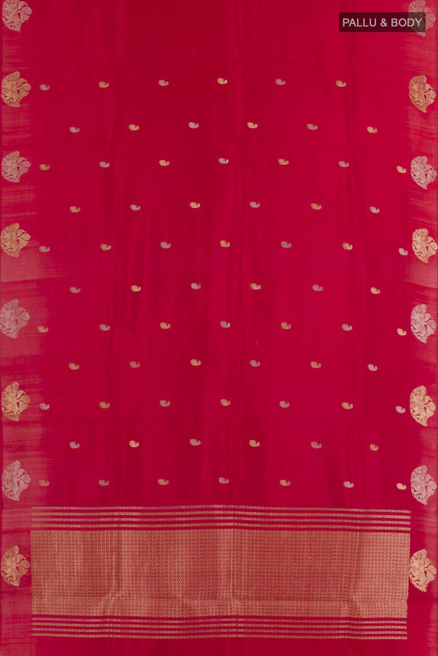 Flat view of Red Banarasi Katan Silk Saree with Zari Butta on the body and Zari Border. 