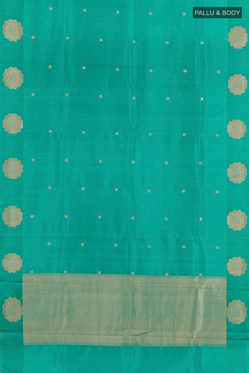Flat view of Sky Blue Banarasi Katan Silk Saree with Zari Butta on the body and Plain Border. 