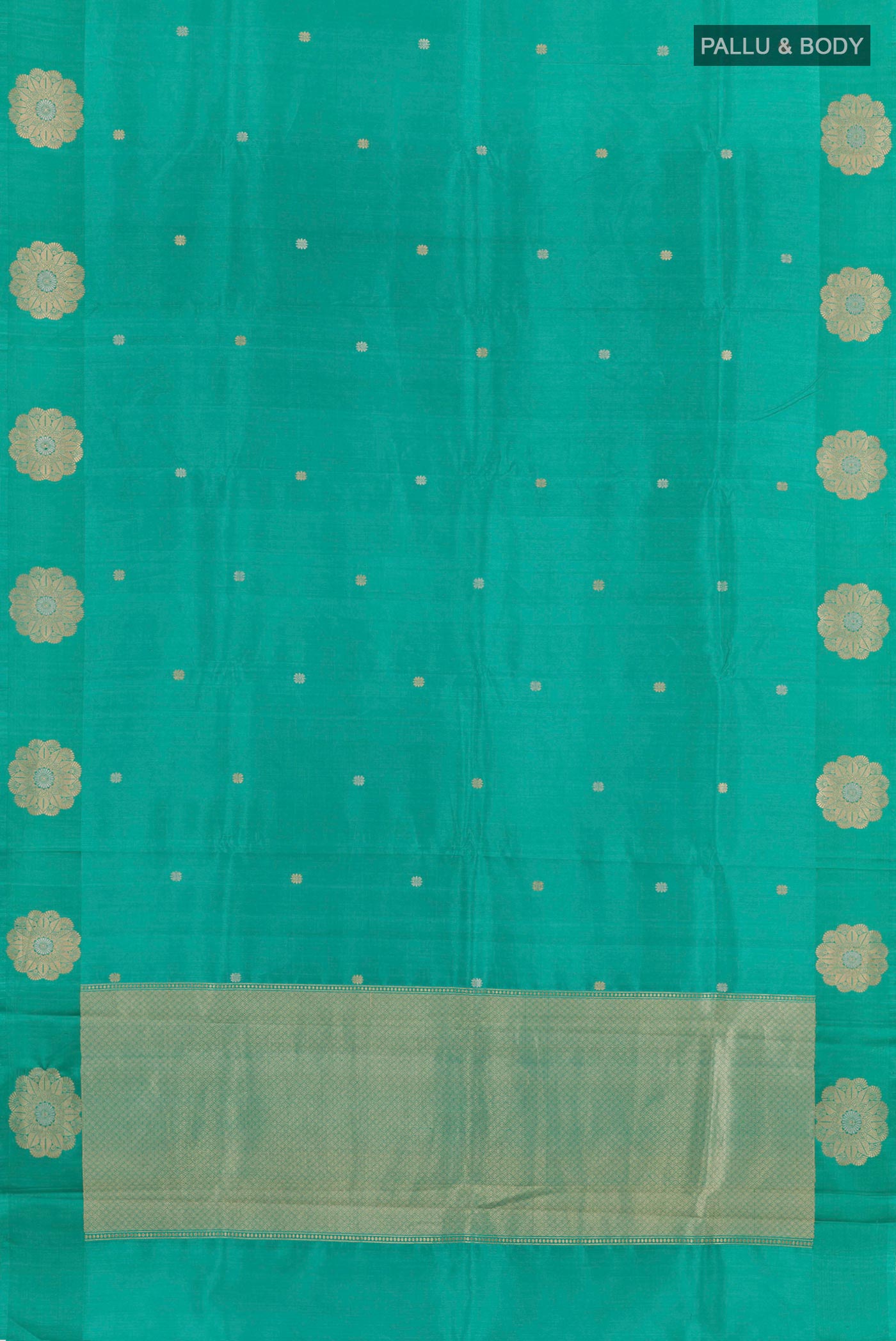 Flat view of Sky Blue Banarasi Katan Silk Saree with Zari Butta on the body and Plain Border. 