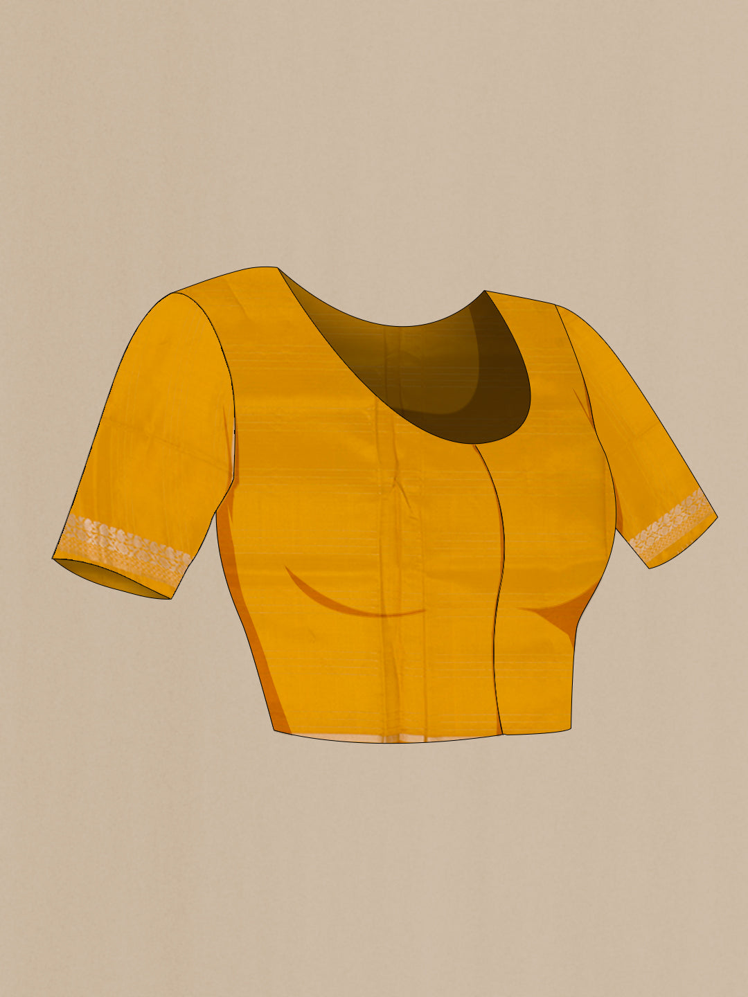 Close up image of the blouse of Mustard Banarasi Katan Silk Saree with Checked design on the body and Zari Border. 