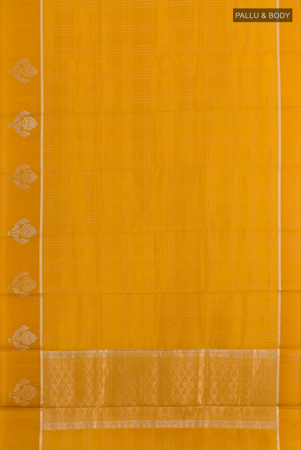 Flat view of Mustard Banarasi Katan Silk Saree with Checked design on the body and Zari Border. 