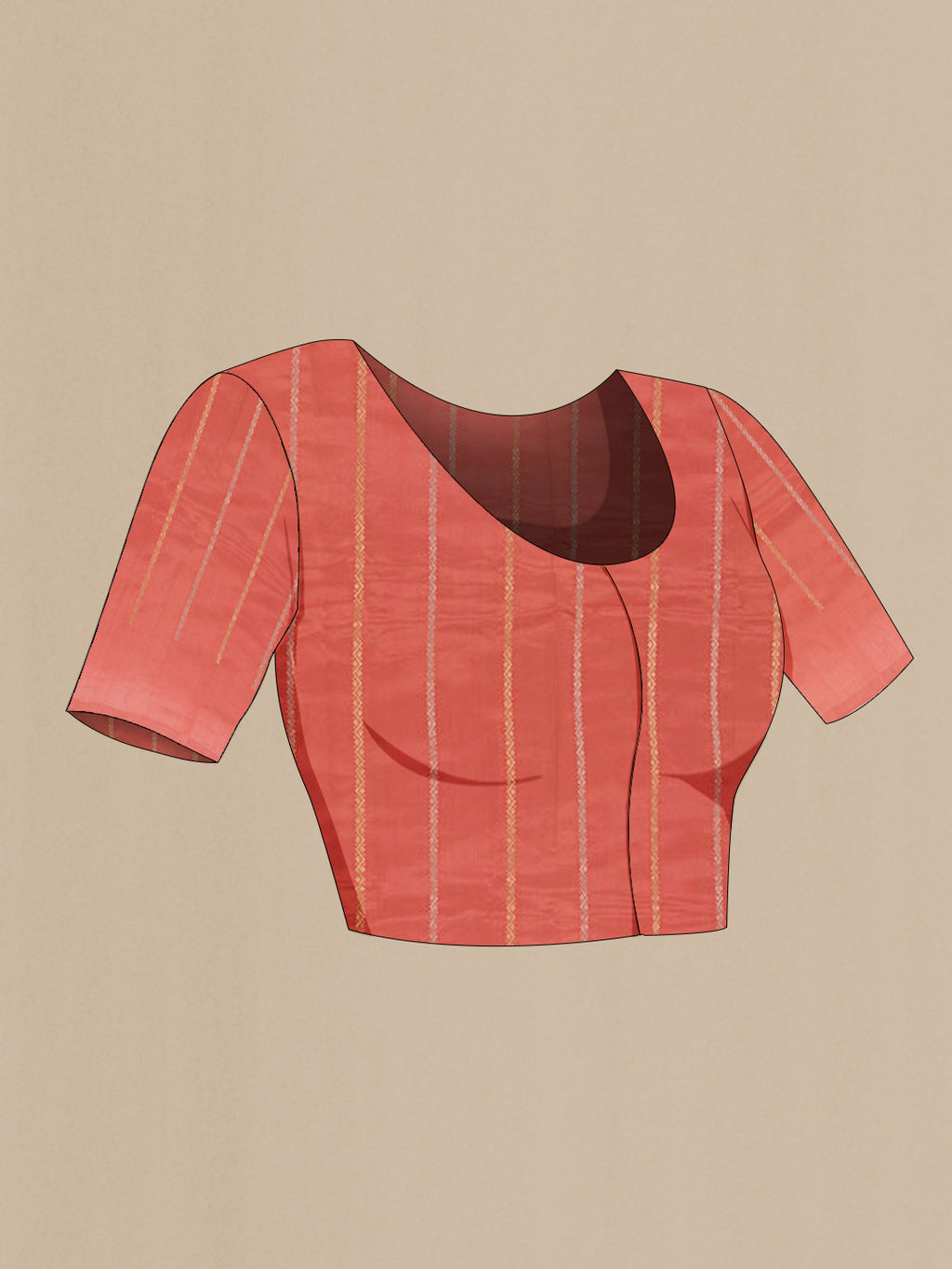 Close up image of the blouse of Peach Banarasi Katan Silk Saree with Zari Butta on the body and Plain Border. 