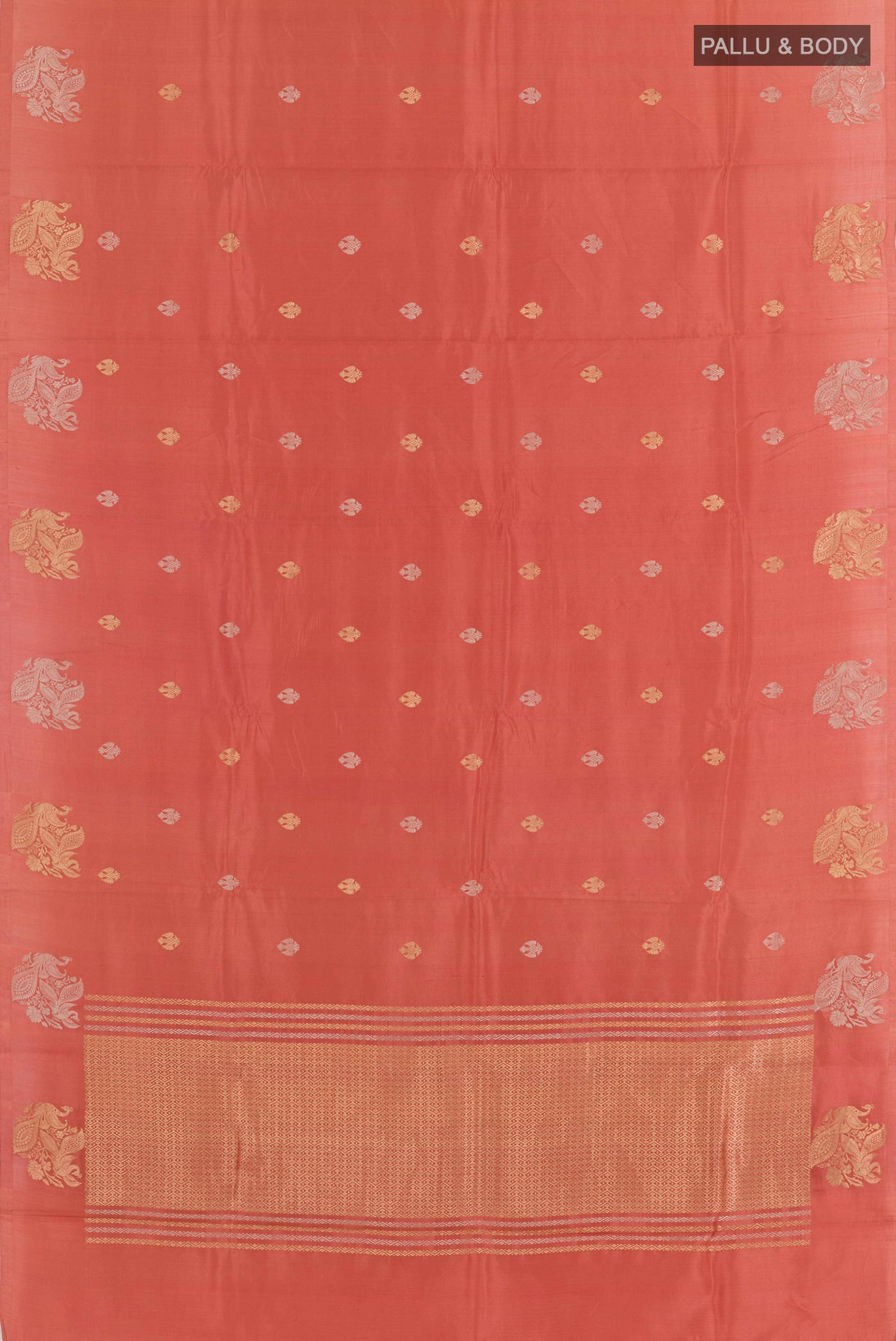 Flat view of Peach Banarasi Katan Silk Saree with Zari Butta on the body and Plain Border. 