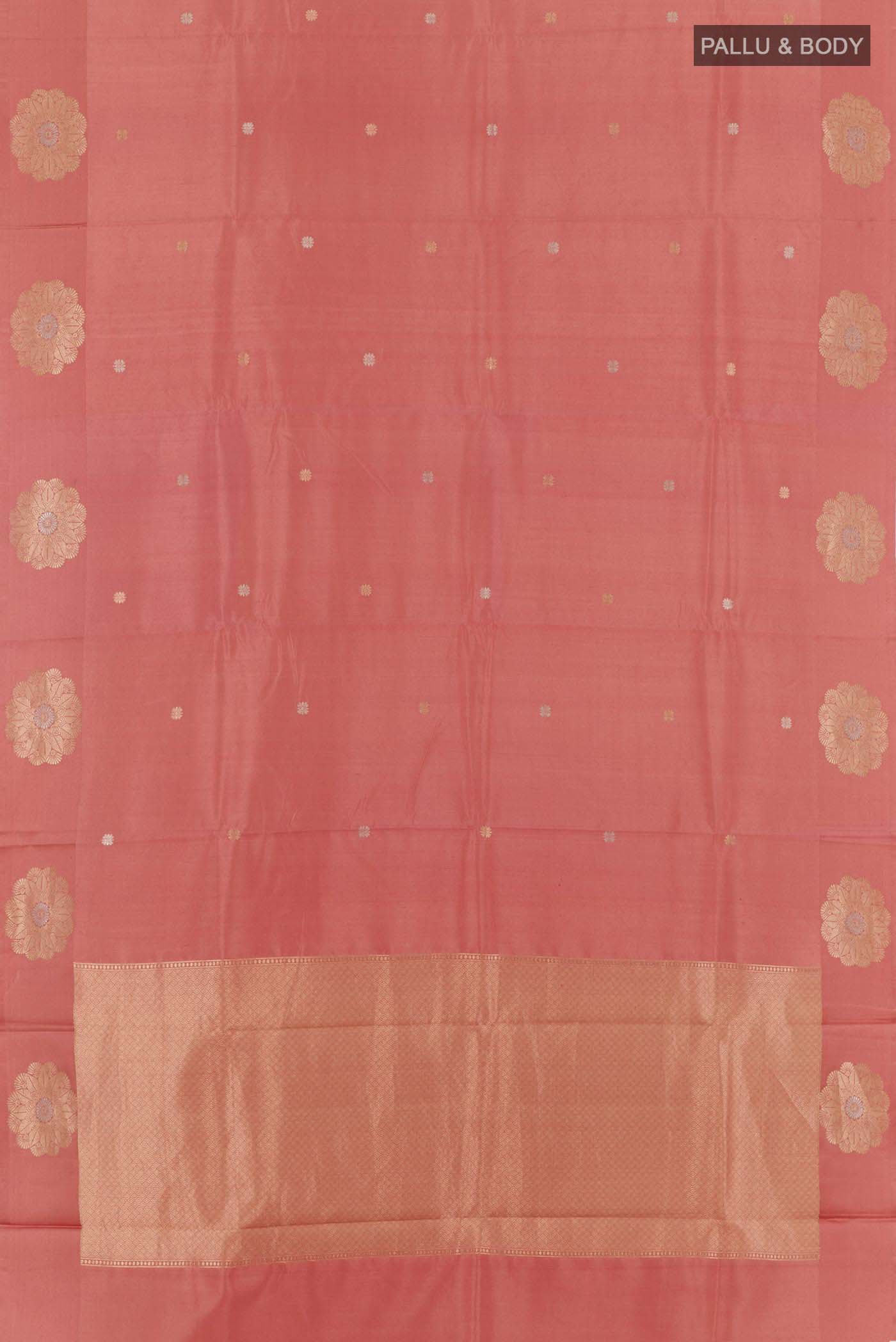 Flat view of Peach Banarasi Katan Silk Saree with Zari Butta on the body and Zari Border. 