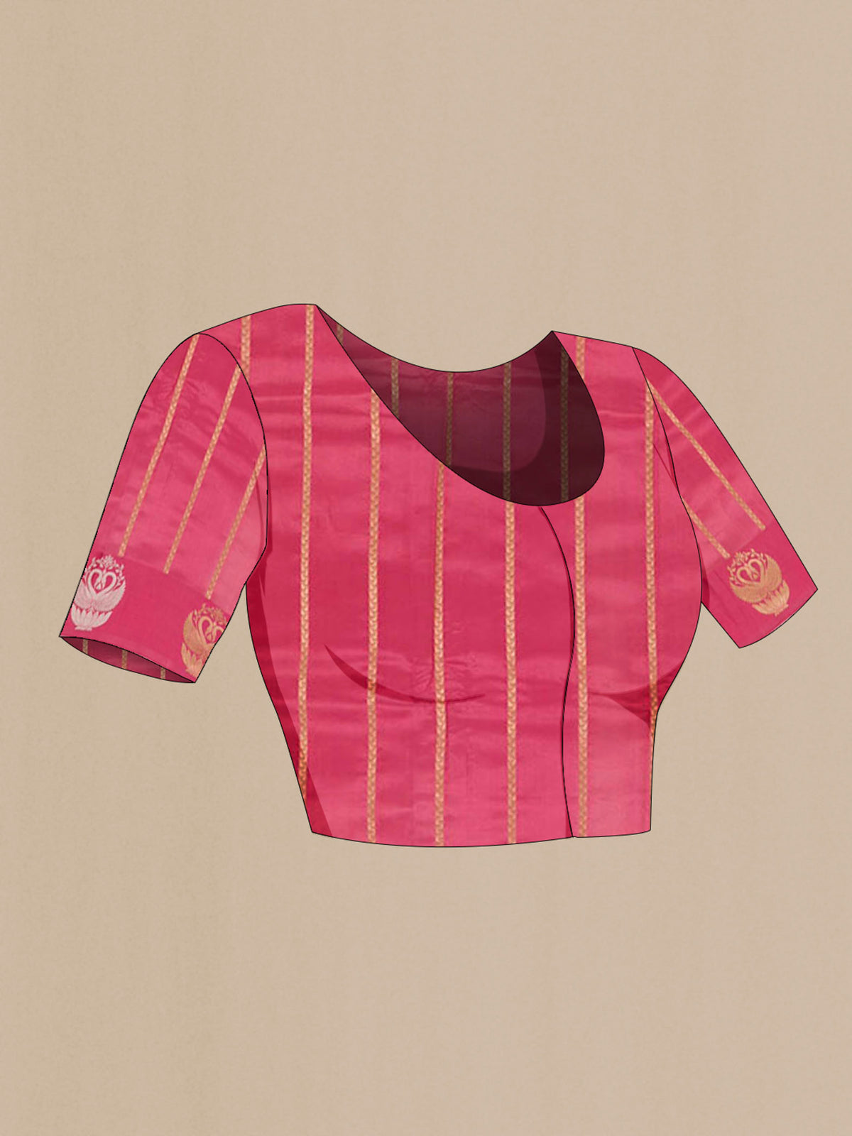 Close up image of the blouse of Pink Banarasi Katan Silk Saree with Zari Butta on the body and Zari Border. 