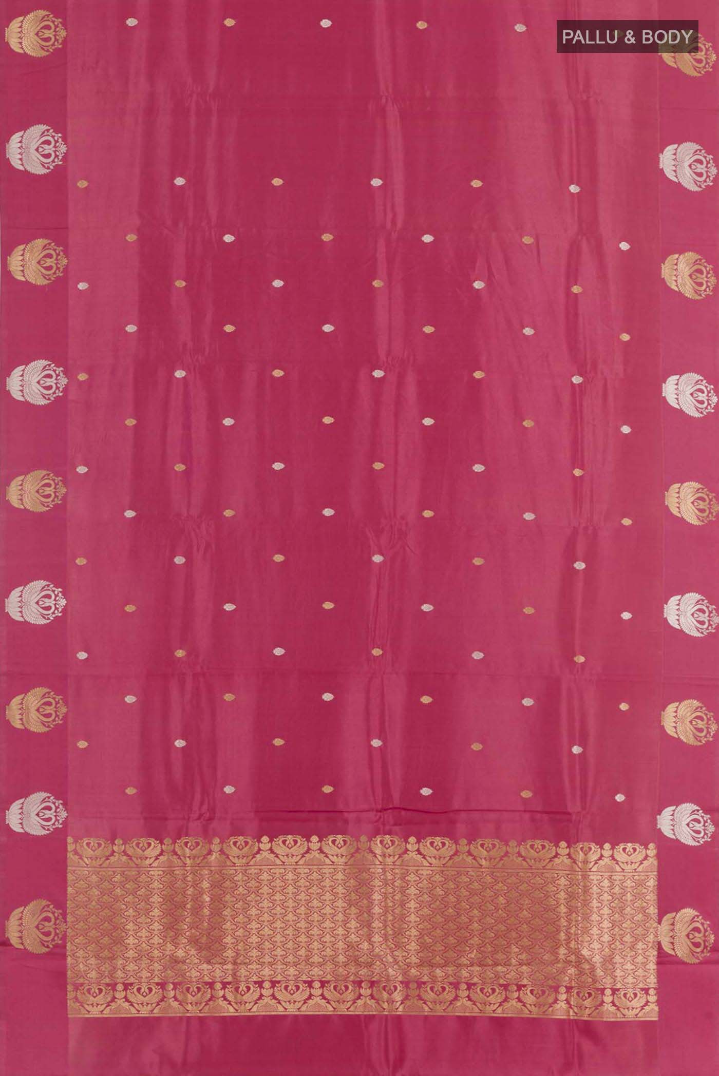 Flat view of Pink Banarasi Katan Silk Saree with Zari Butta on the body and Zari Border. 
