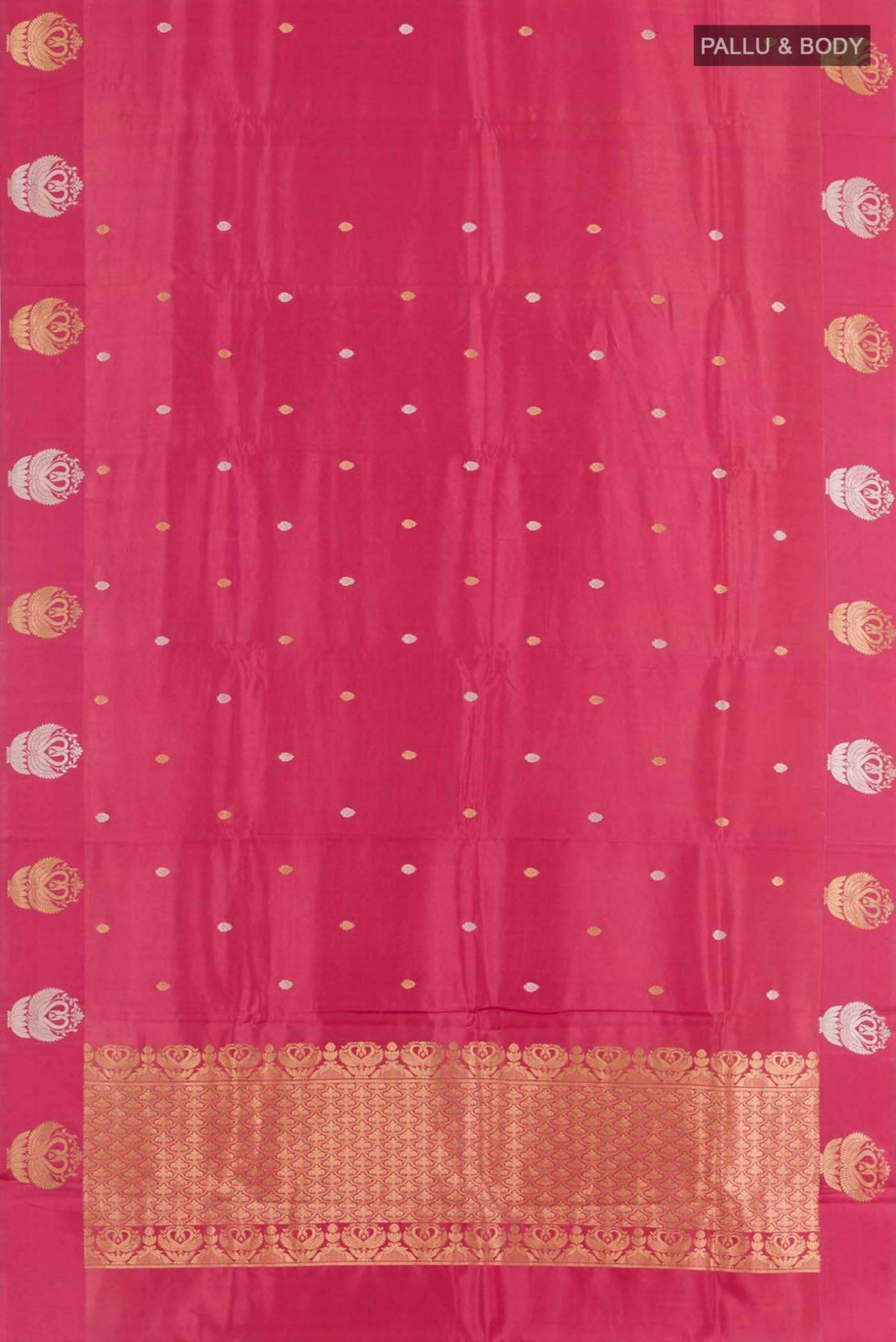 Flat view of Pink Banarasi Katan Silk Saree with Zari Butta on the body and Zari Border. 