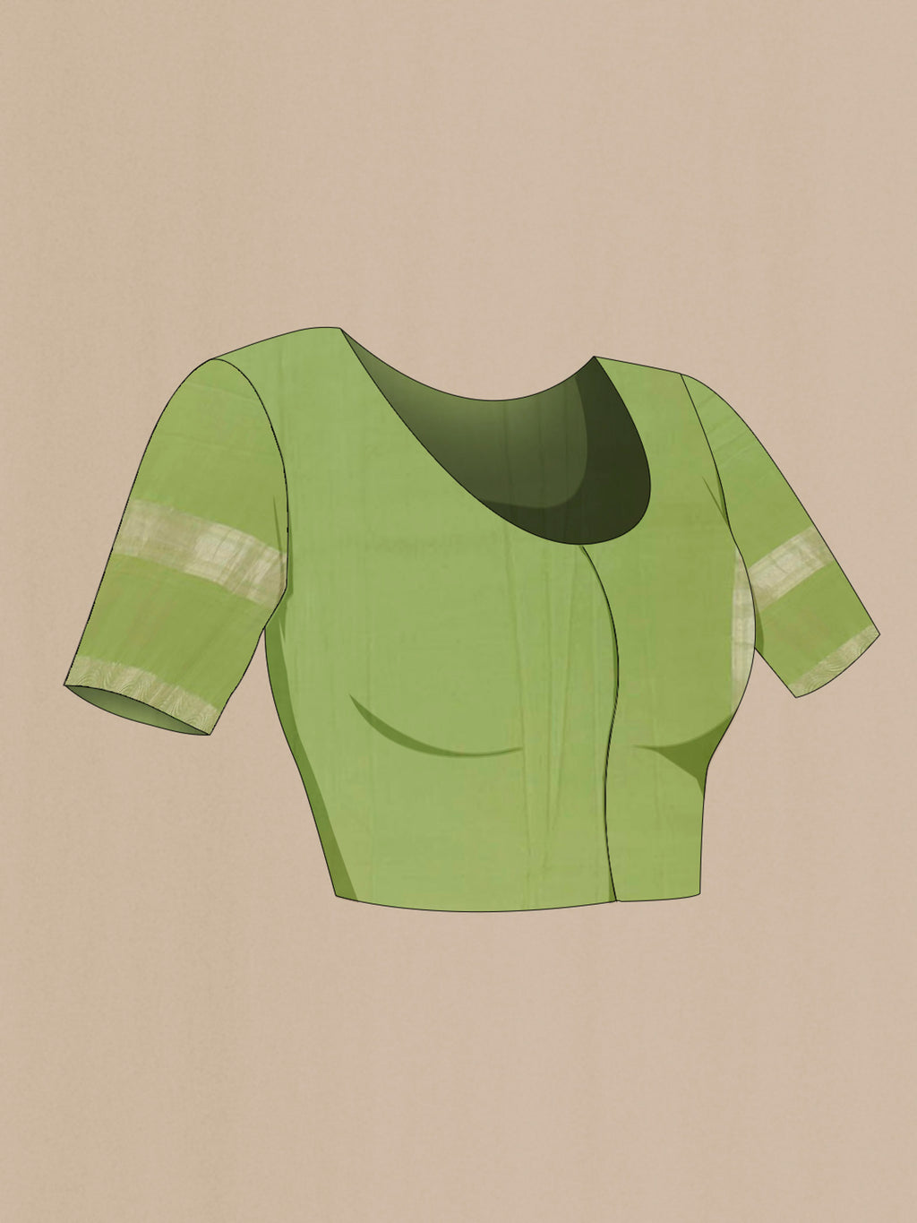 Close up image of the blouse of Green Crepe Saree with Zari Brocade on the body and Zari Border. 