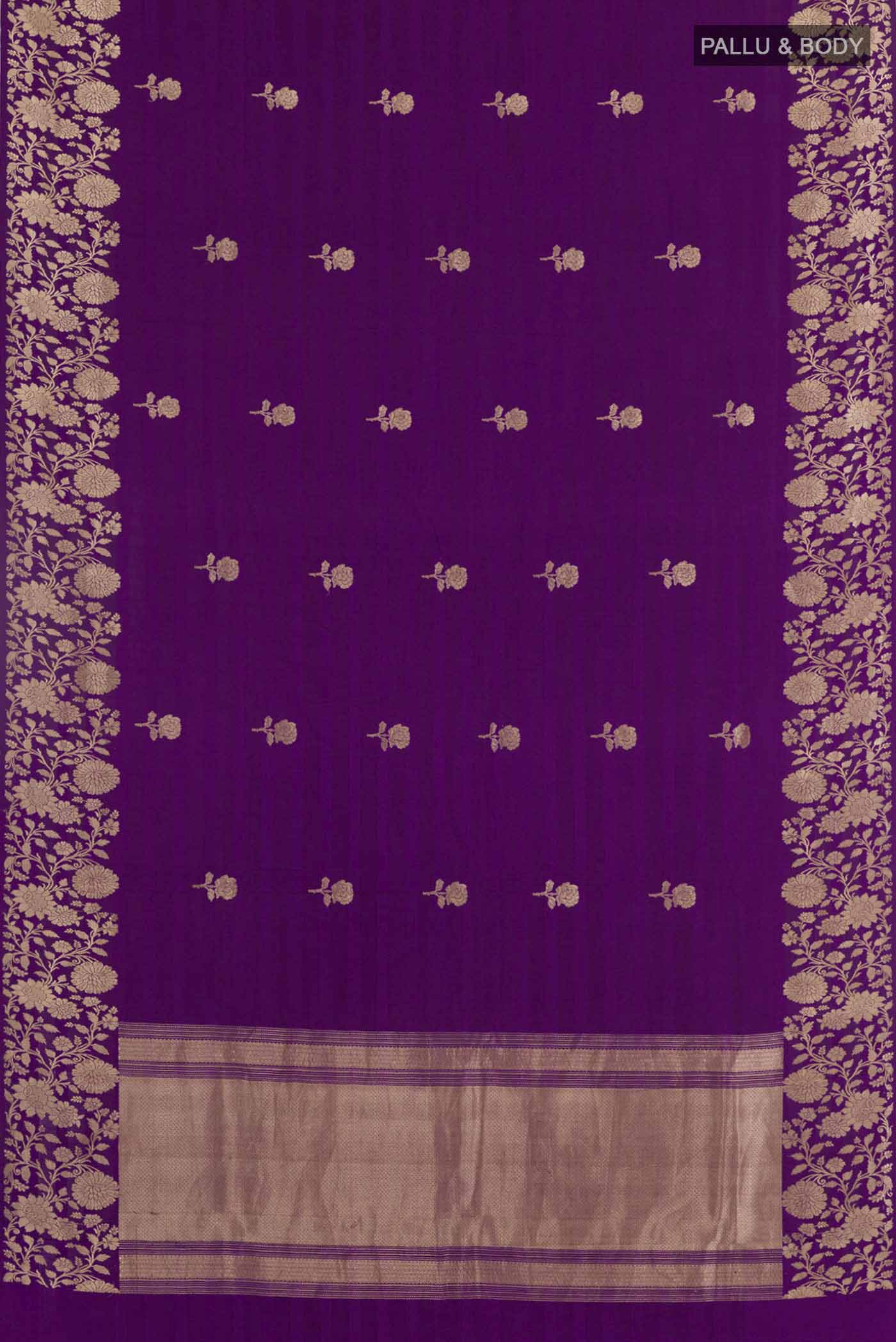 Flat view of Purple Banarasi Silk Saree with Zari Butta on the body and Zari Border. 