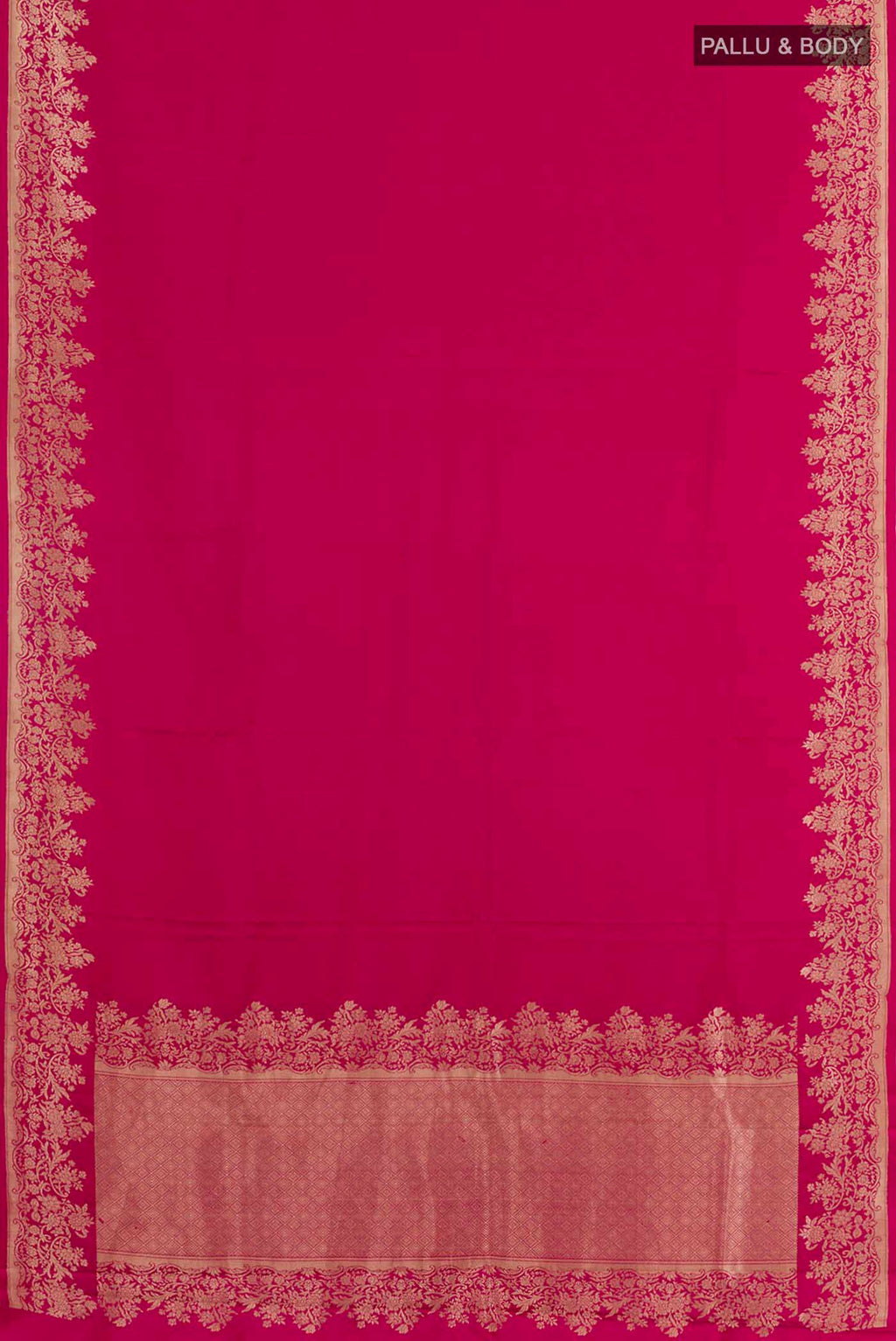 Flat view of Rani Pink Banarasi Silk Saree with Plain Body and Zari Border. 