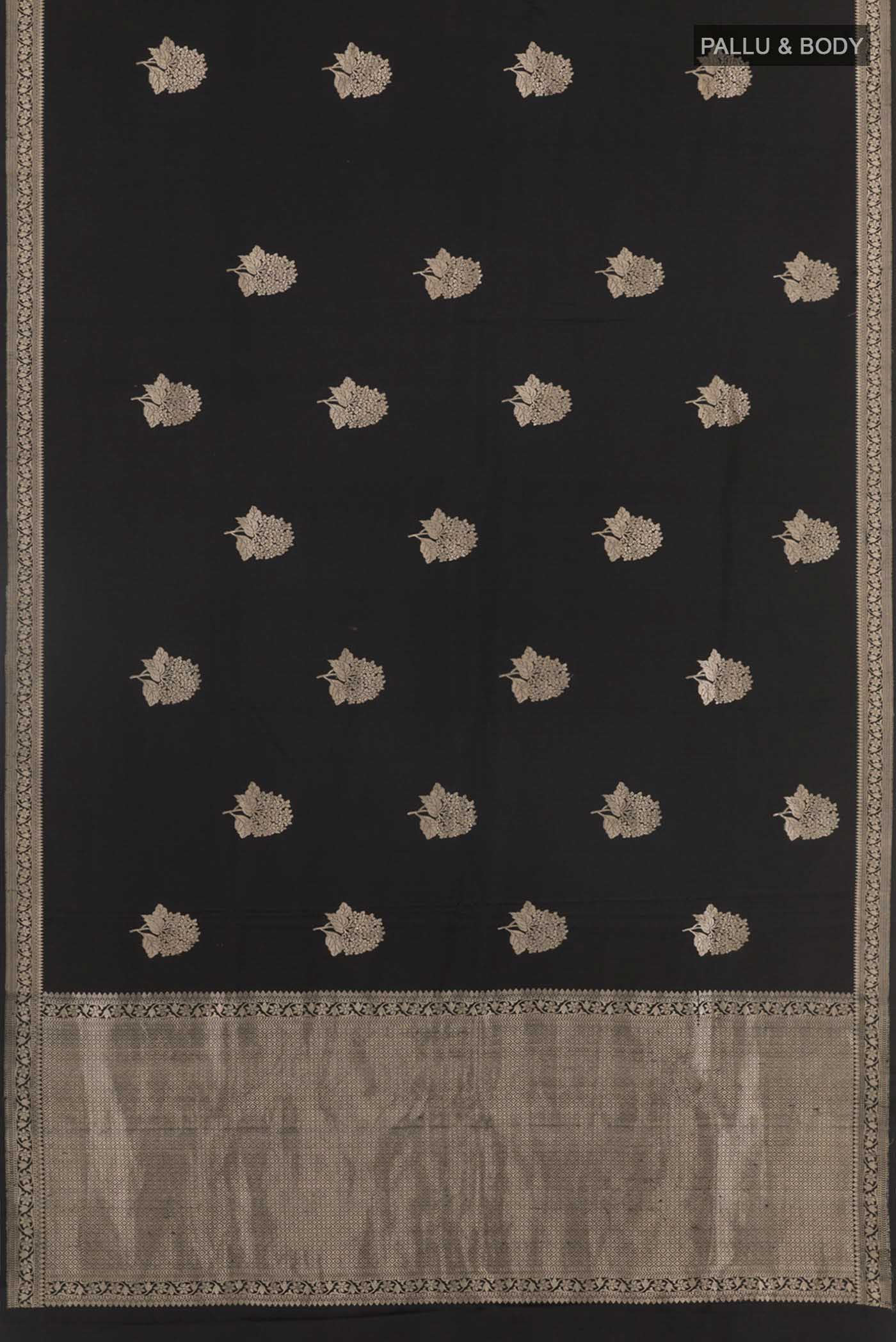 Flat view of Black Banarasi Silk Saree with Zari Butta on the body and Zari Border. 