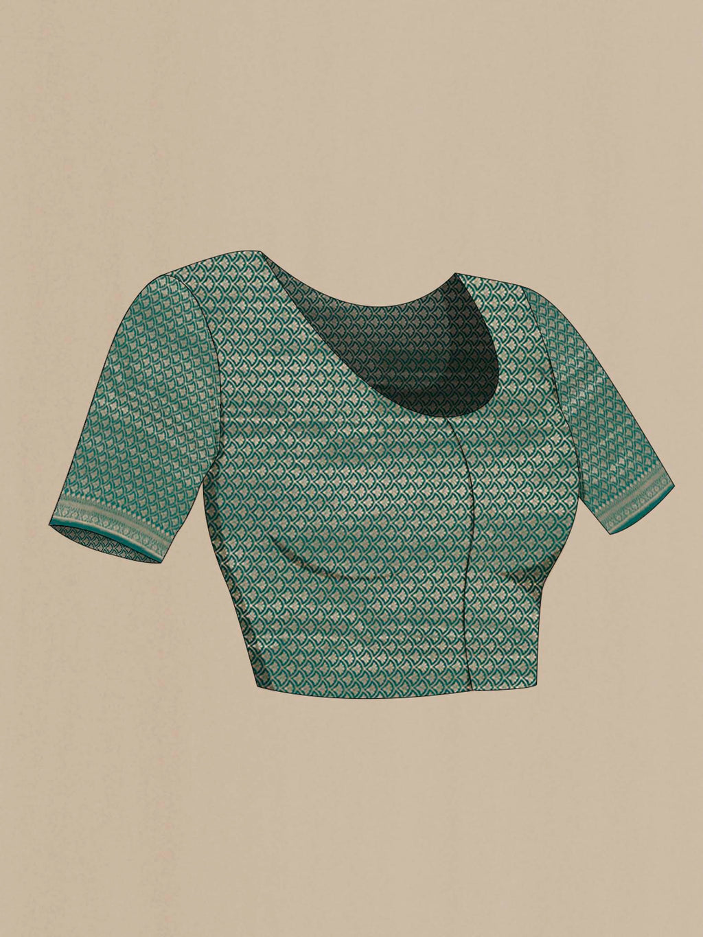 Close up image of the blouse of Sea Green Banarasi Silk Saree with Zari Butta on the body and Zari Border. 