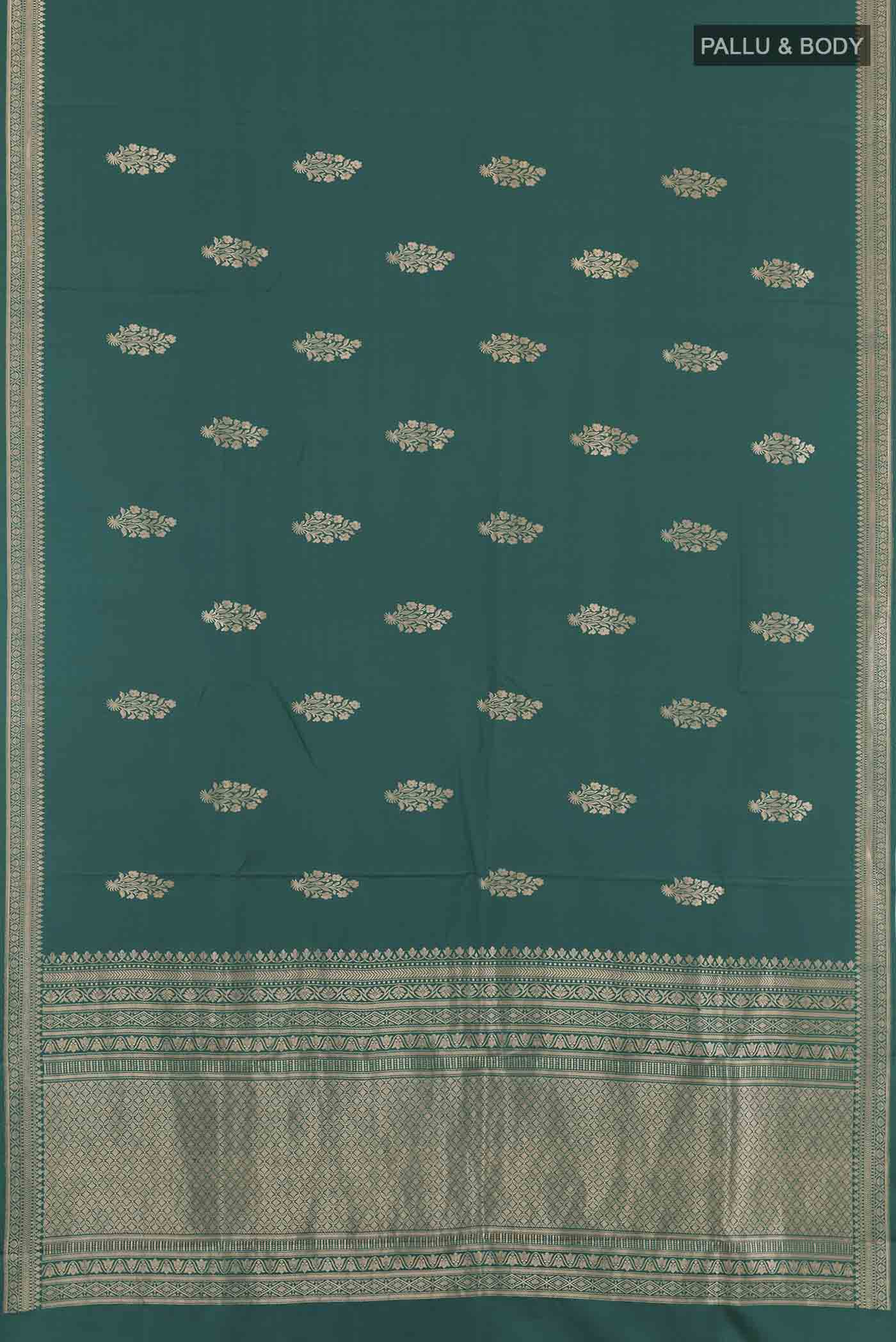 Flat view of Sea Green Banarasi Silk Saree with Zari Butta on the body and Zari Border. 