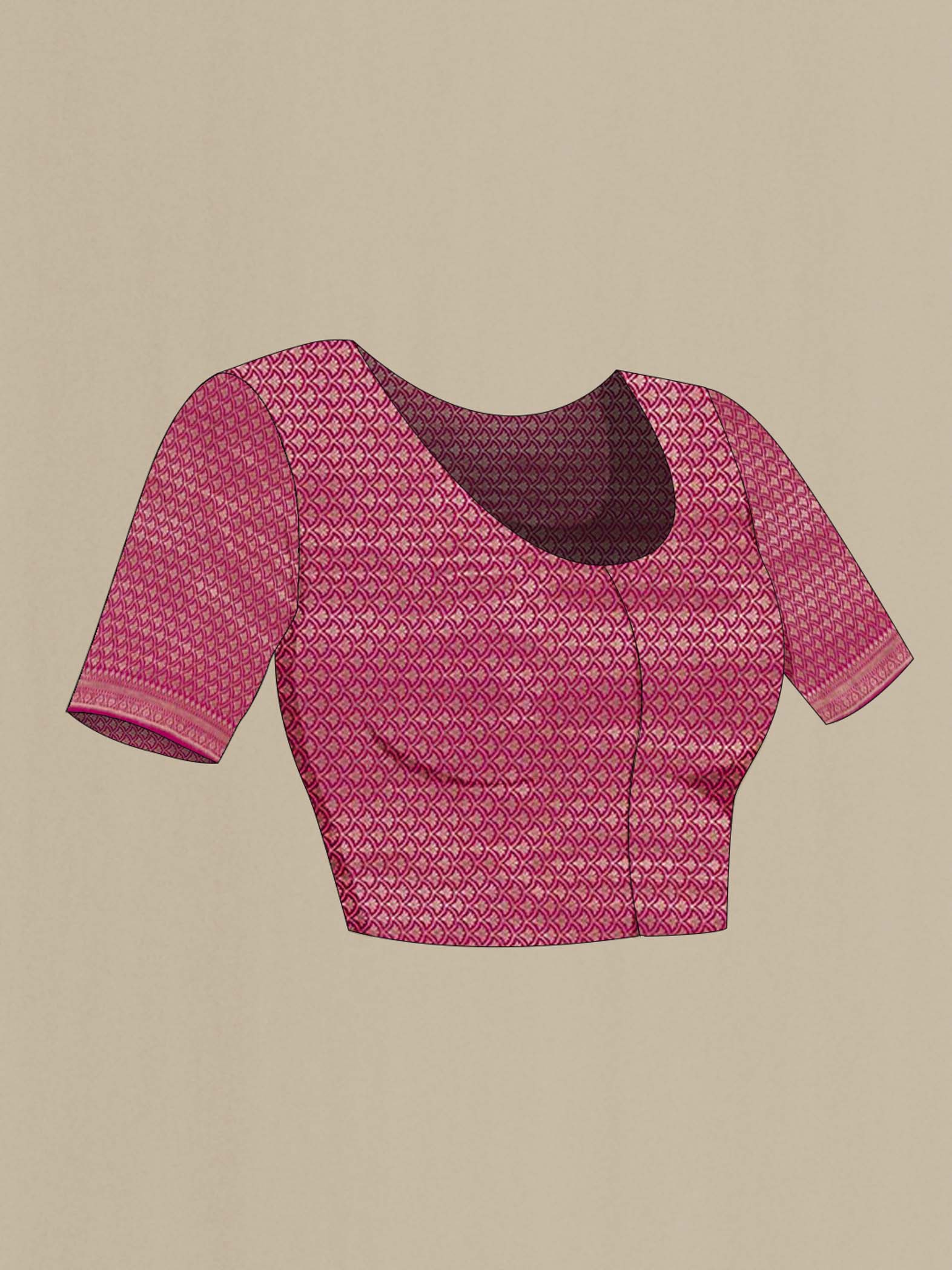 Close up image of the blouse of Pink Banarasi Silk Saree with Zari Butta on the body and Zari Border. 
