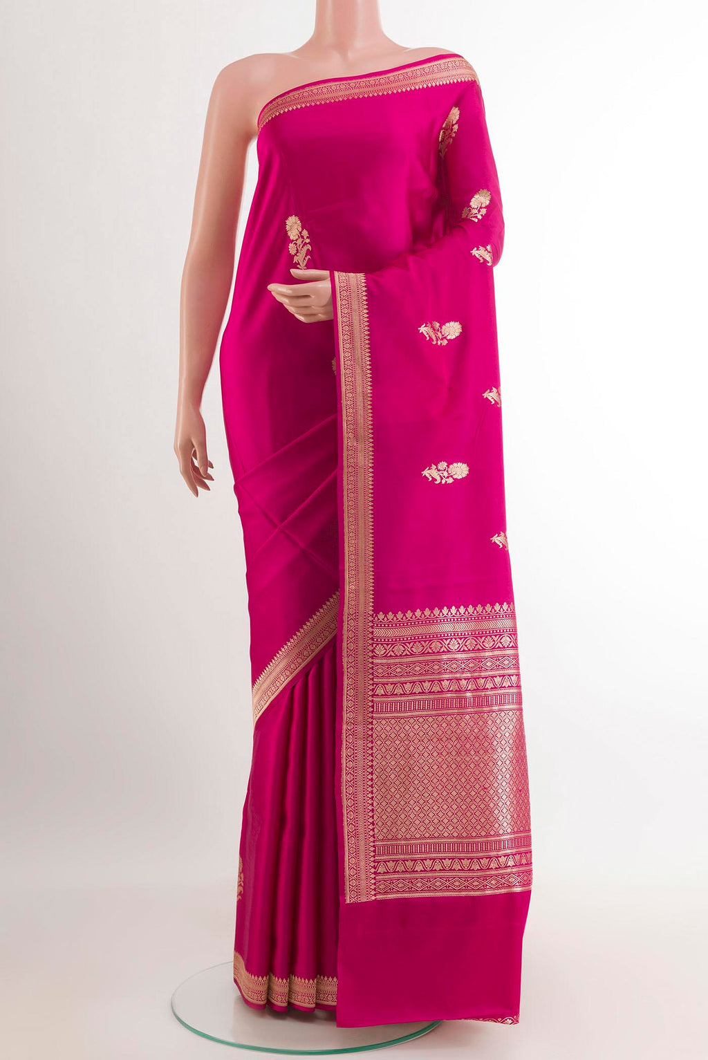Pink Banarasi Silk Saree with Zari Butta on the body and Zari Border.  displayed on a mannequin