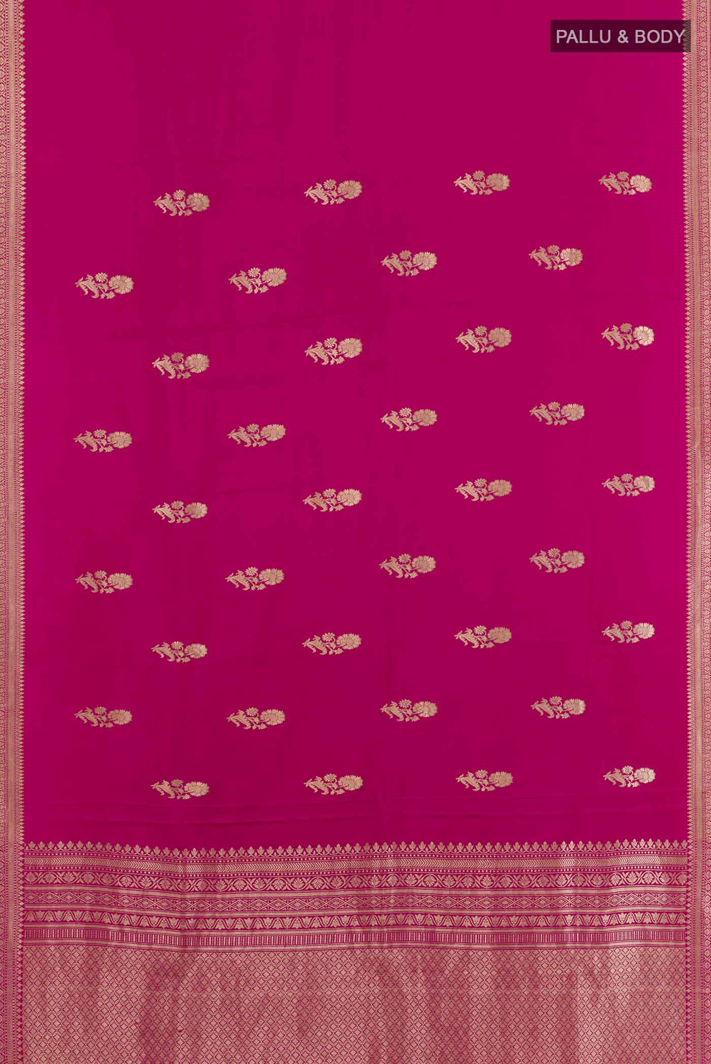Flat view of Pink Banarasi Silk Saree with Zari Butta on the body and Zari Border. 