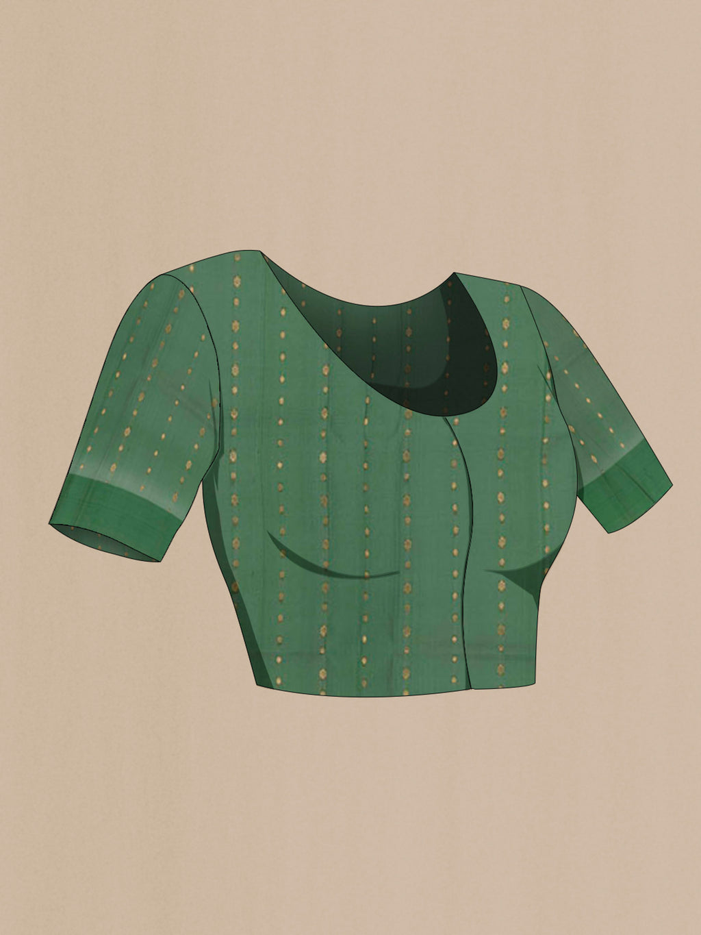 Close up image of the blouse of Green Banarasi Kora Silk Saree with Zari Butta on the body and Zari Border. 