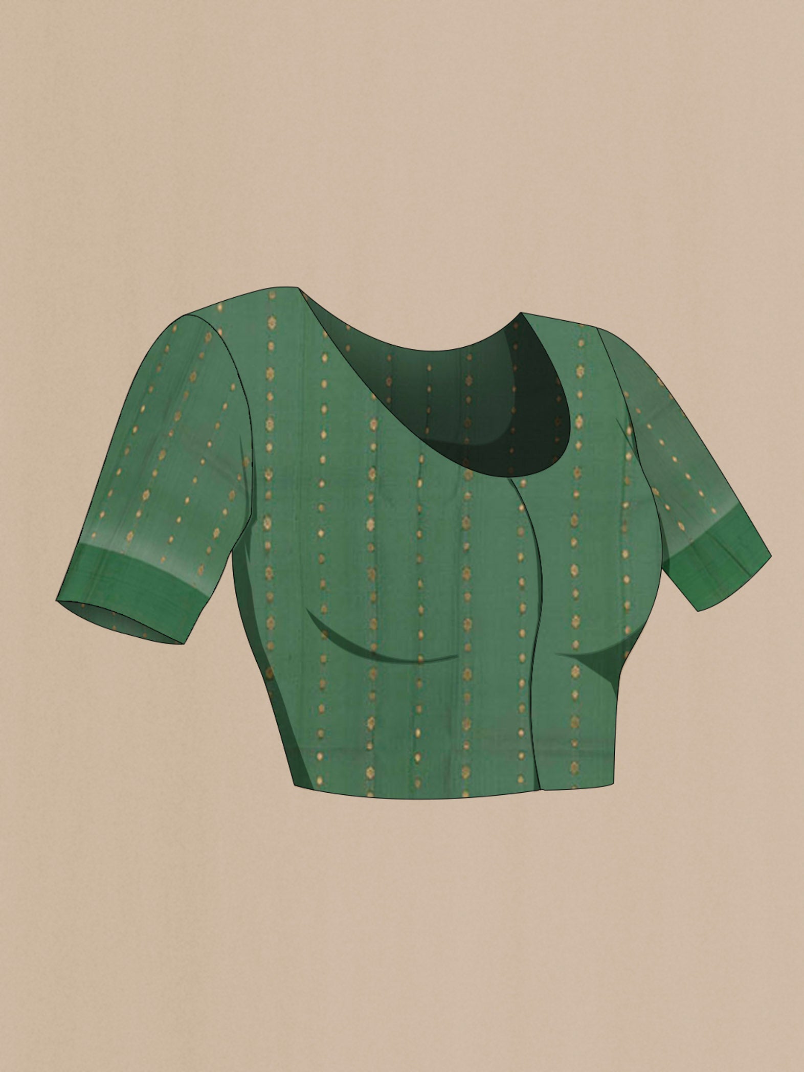 Close up image of the blouse of Green Banarasi Kora Silk Saree with Zari Butta on the body and Zari Border. 