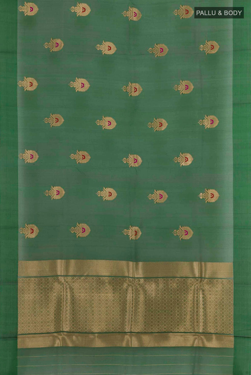 Flat view of Green Banarasi Kora Silk Saree with Zari Butta on the body and Zari Border. 