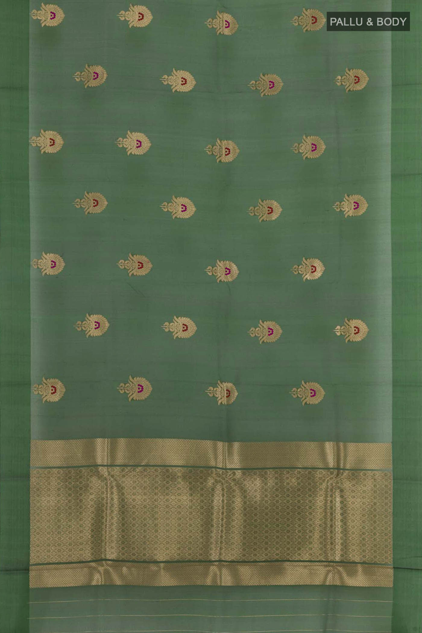 Flat view of Green Banarasi Kora Silk Saree with Zari Butta on the body and Zari Border. 