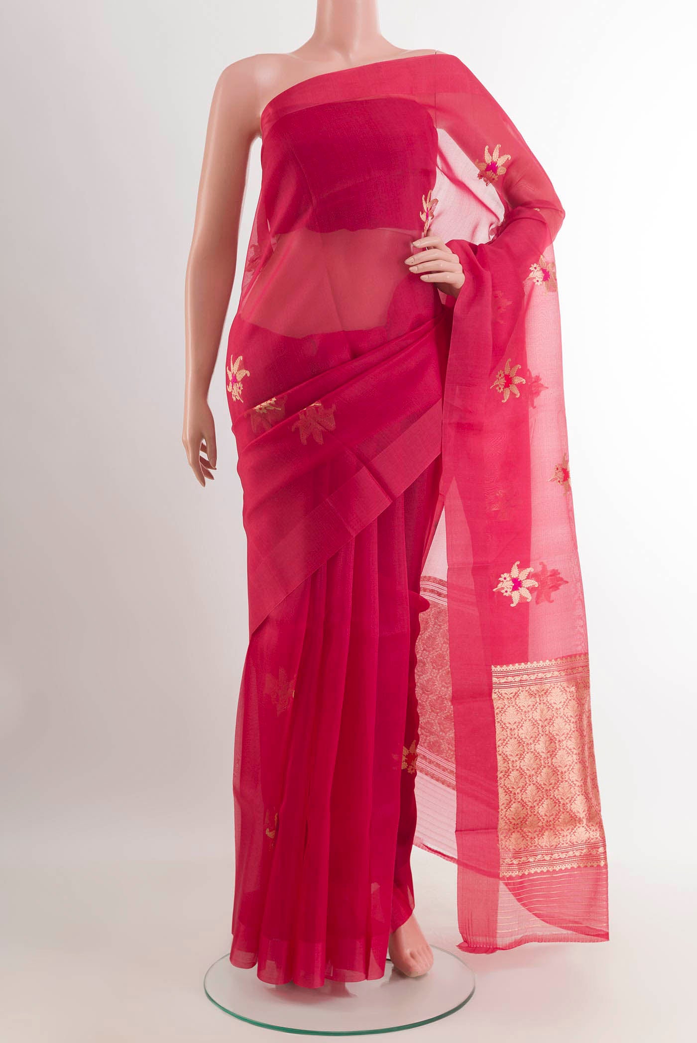 Red Banarasi Kora Silk Saree with Zari Butta on the body and Plain Border.  displayed on a mannequin