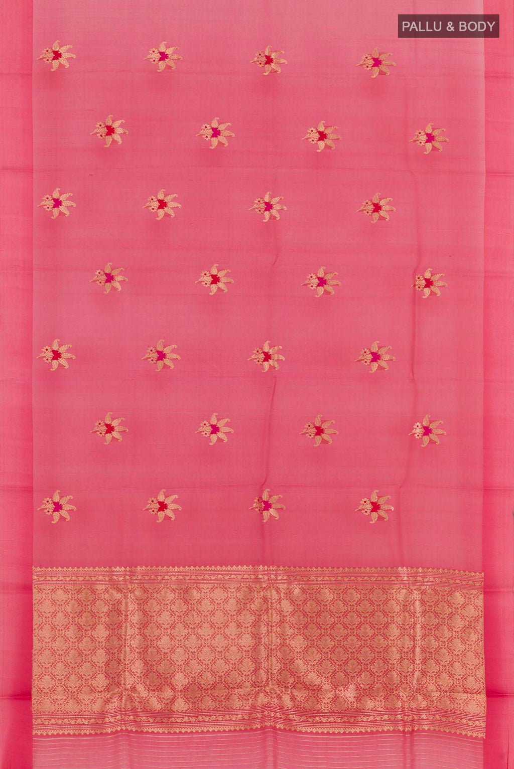 Flat view of Red Banarasi Kora Silk Saree with Zari Butta on the body and Plain Border. 