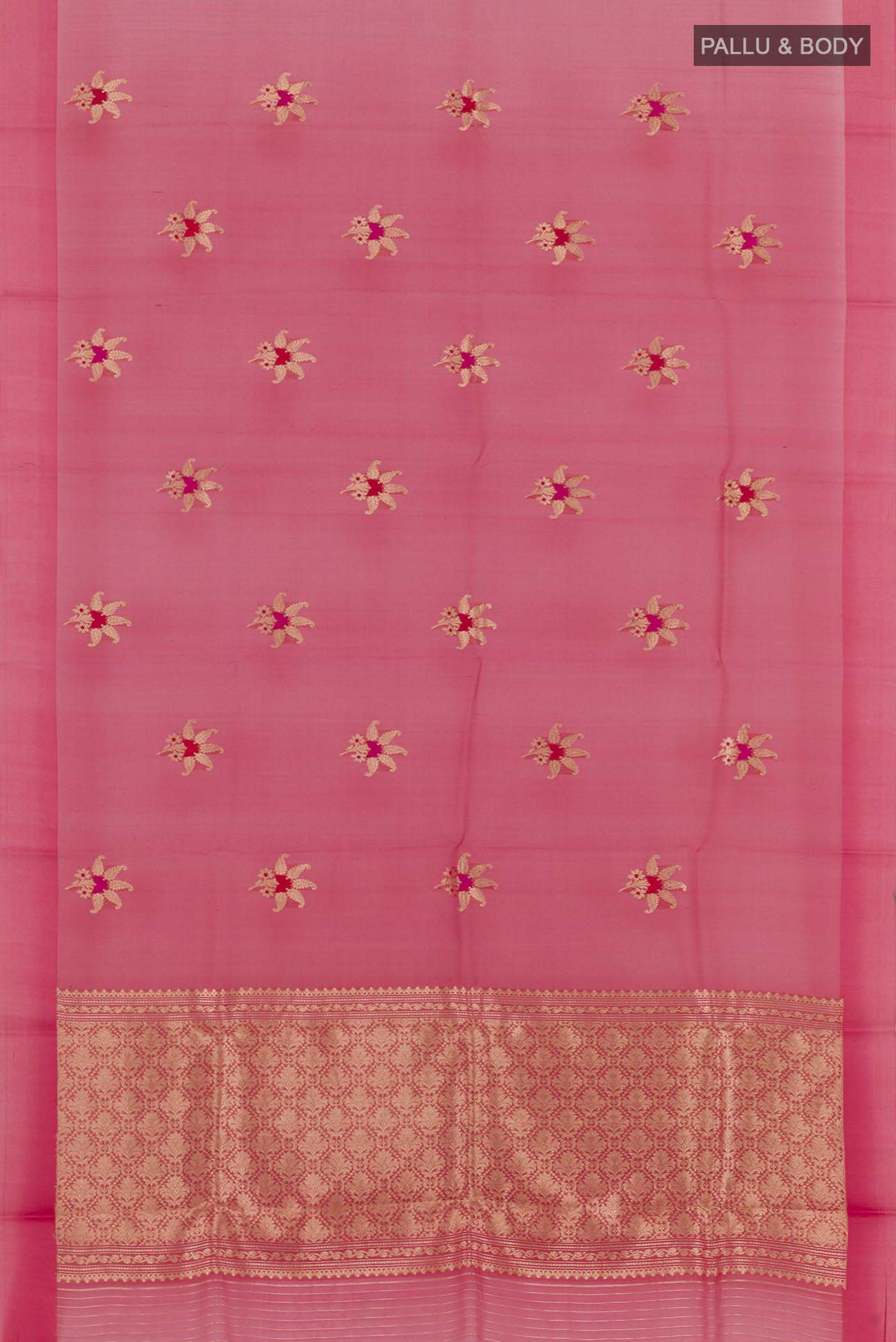 Flat view of Red Banarasi Kora Silk Saree with Zari Butta on the body and Plain Border. 