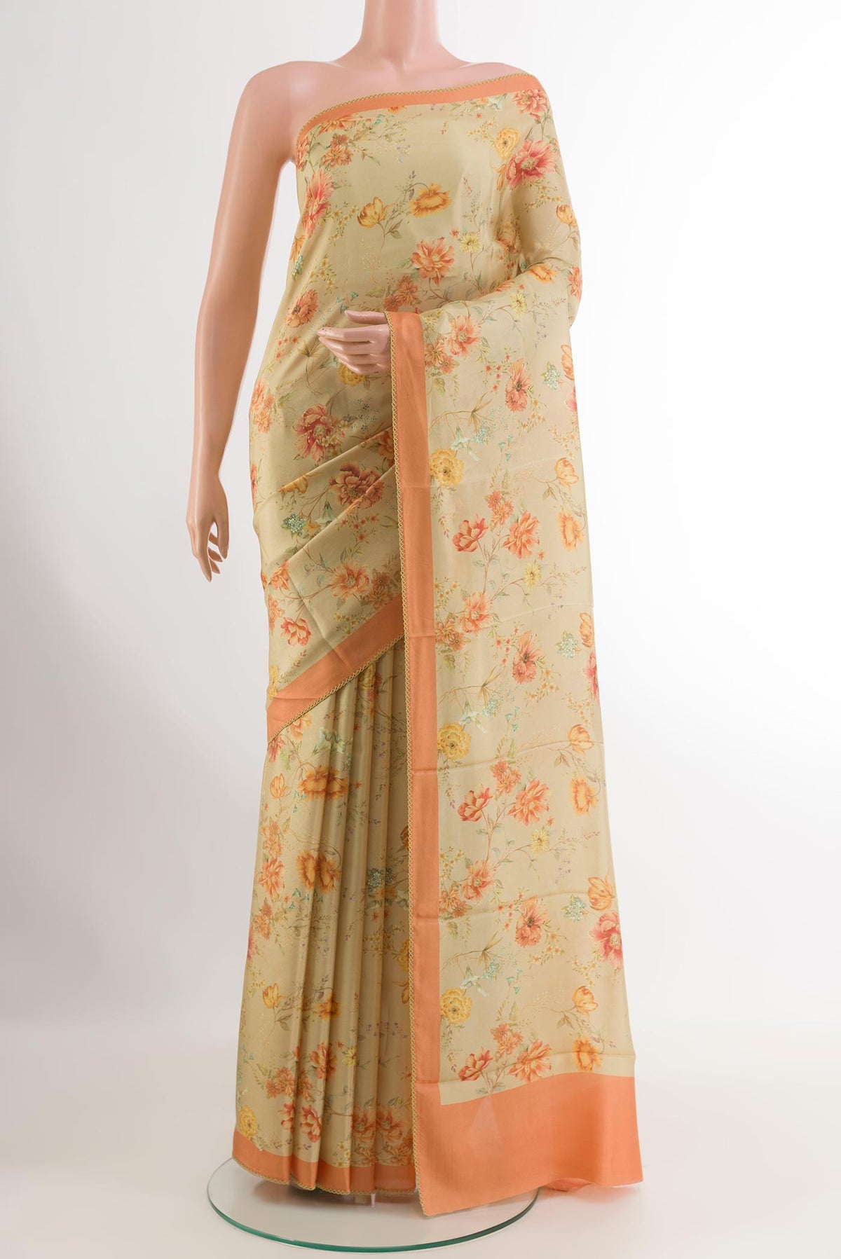 Lemon Yellow Printed Silk Saree with Printed design on the body and Printed Border.  displayed on a mannequin
