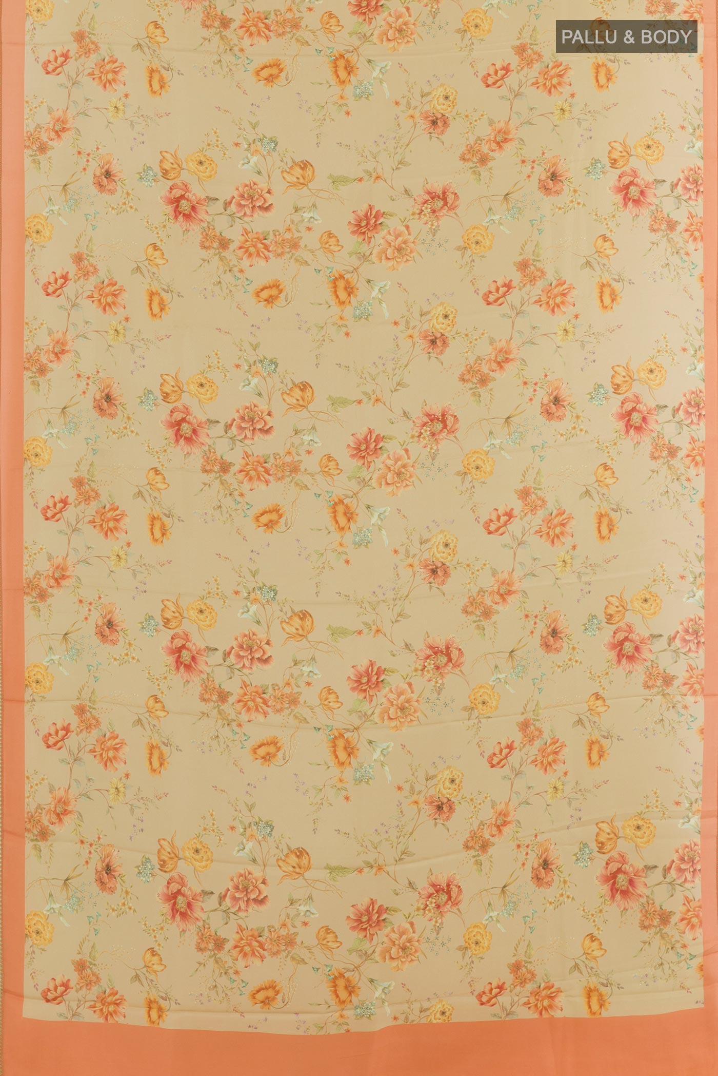 Flat view of Lemon Yellow Printed Silk Saree with Printed design on the body and Printed Border. 