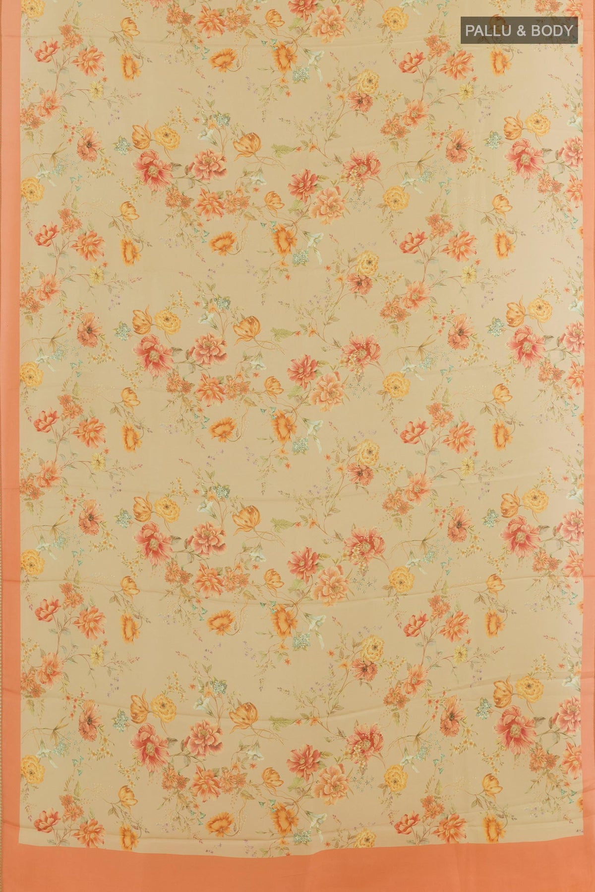 Flat view of Lemon Yellow Printed Silk Saree with Printed design on the body and Printed Border. 