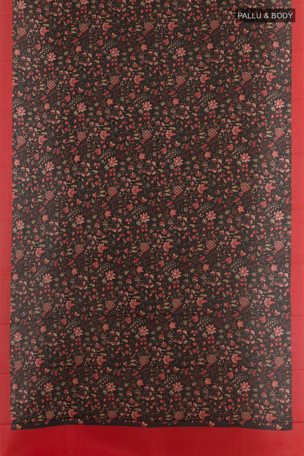 Flat view of Black Printed Silk Saree with Printed design on the body and Printed Border. 