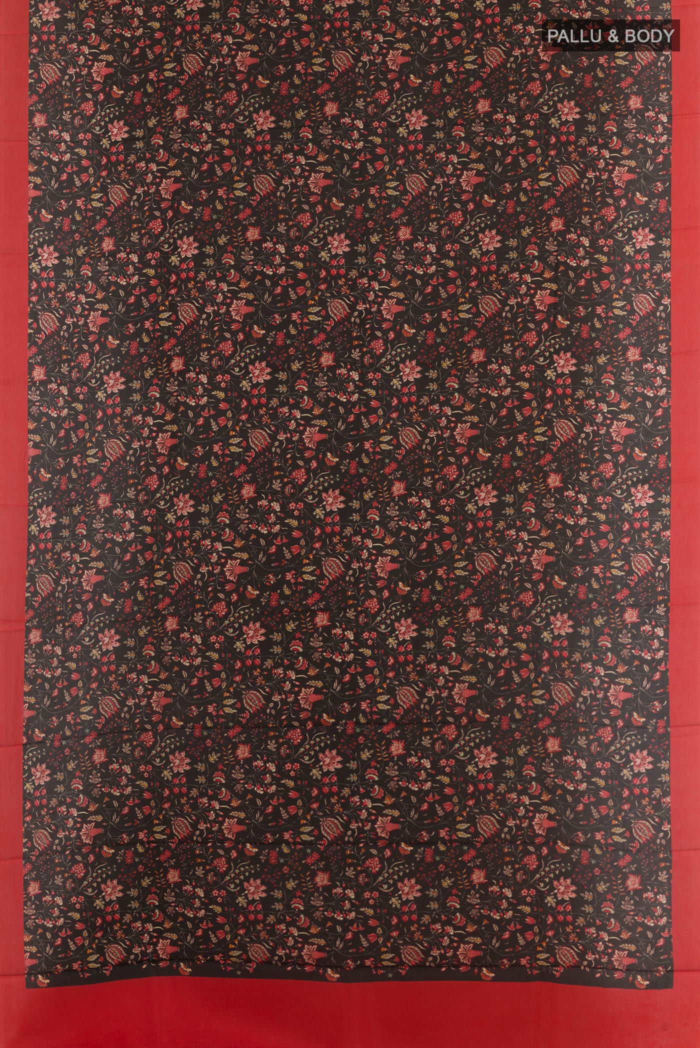 Flat view of Black Printed Silk Saree with Printed design on the body and Printed Border. 