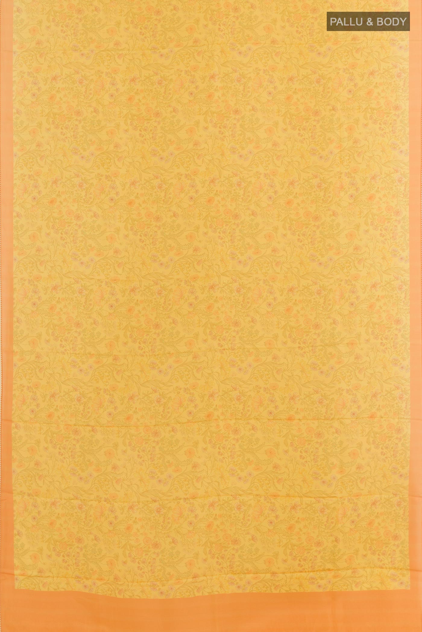 Flat view of Yellow Printed Silk Saree with Printed design on the body and Printed Border. 
