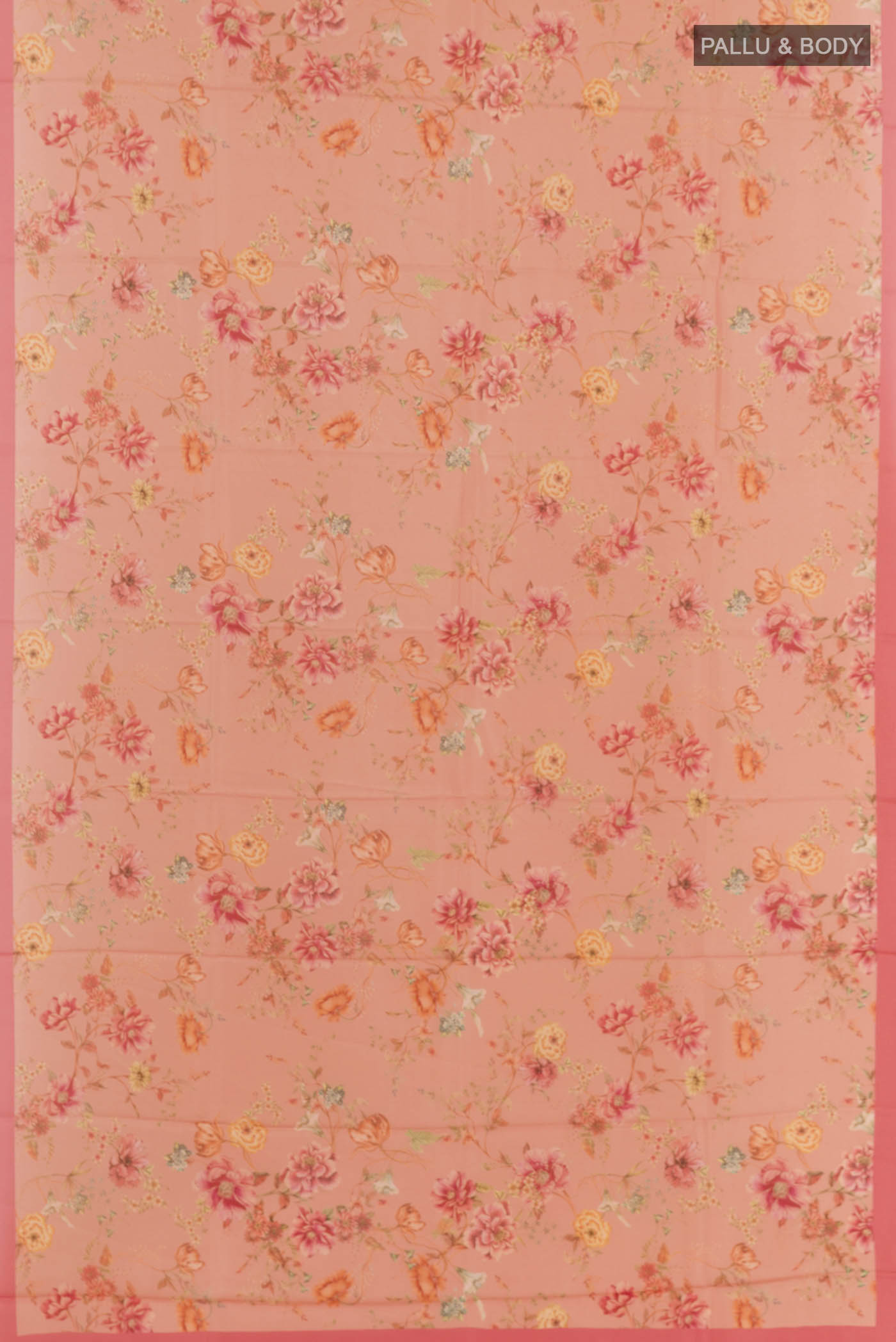 Flat view of Rose pink Printed Silk Saree with Printed design on the body and Printed Border. 