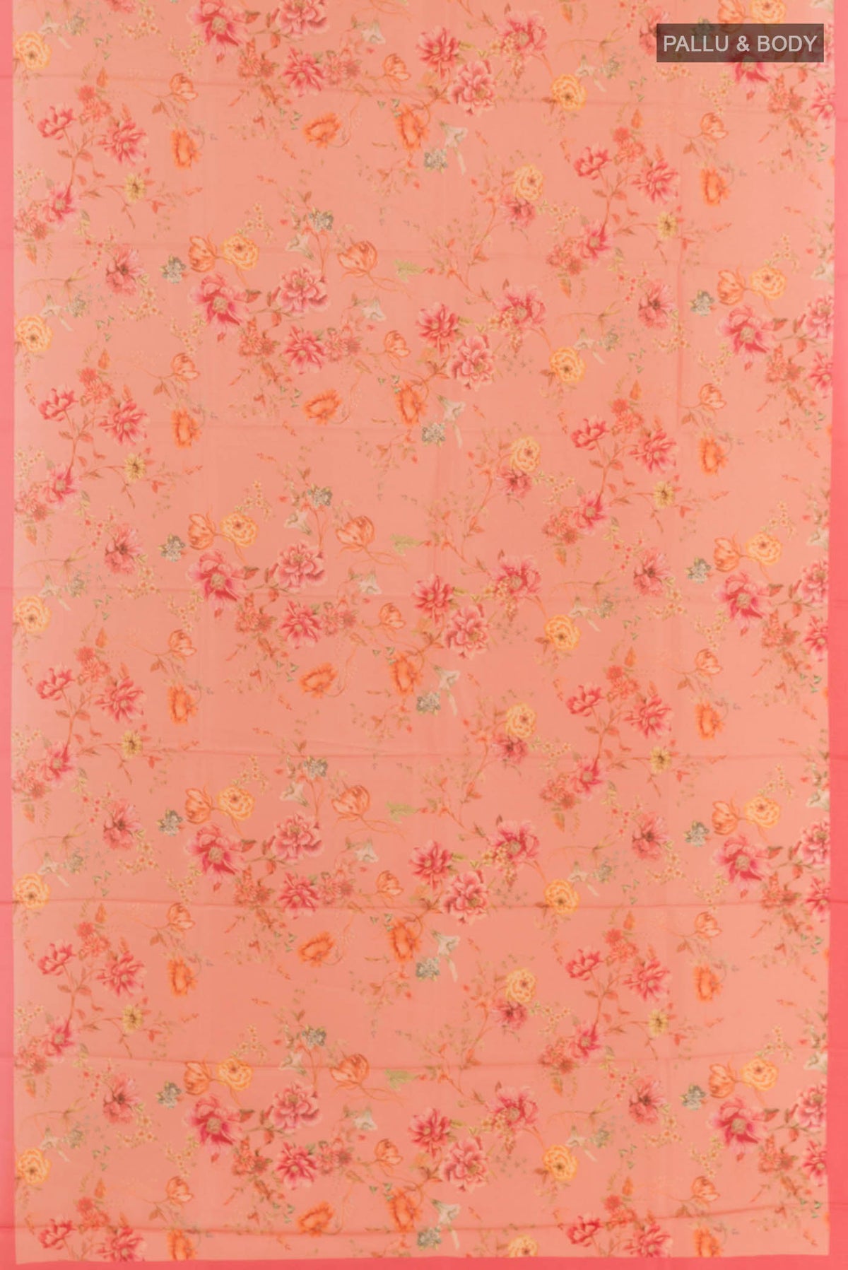 Flat view of Rose pink Printed Silk Saree with Printed design on the body and Printed Border. 