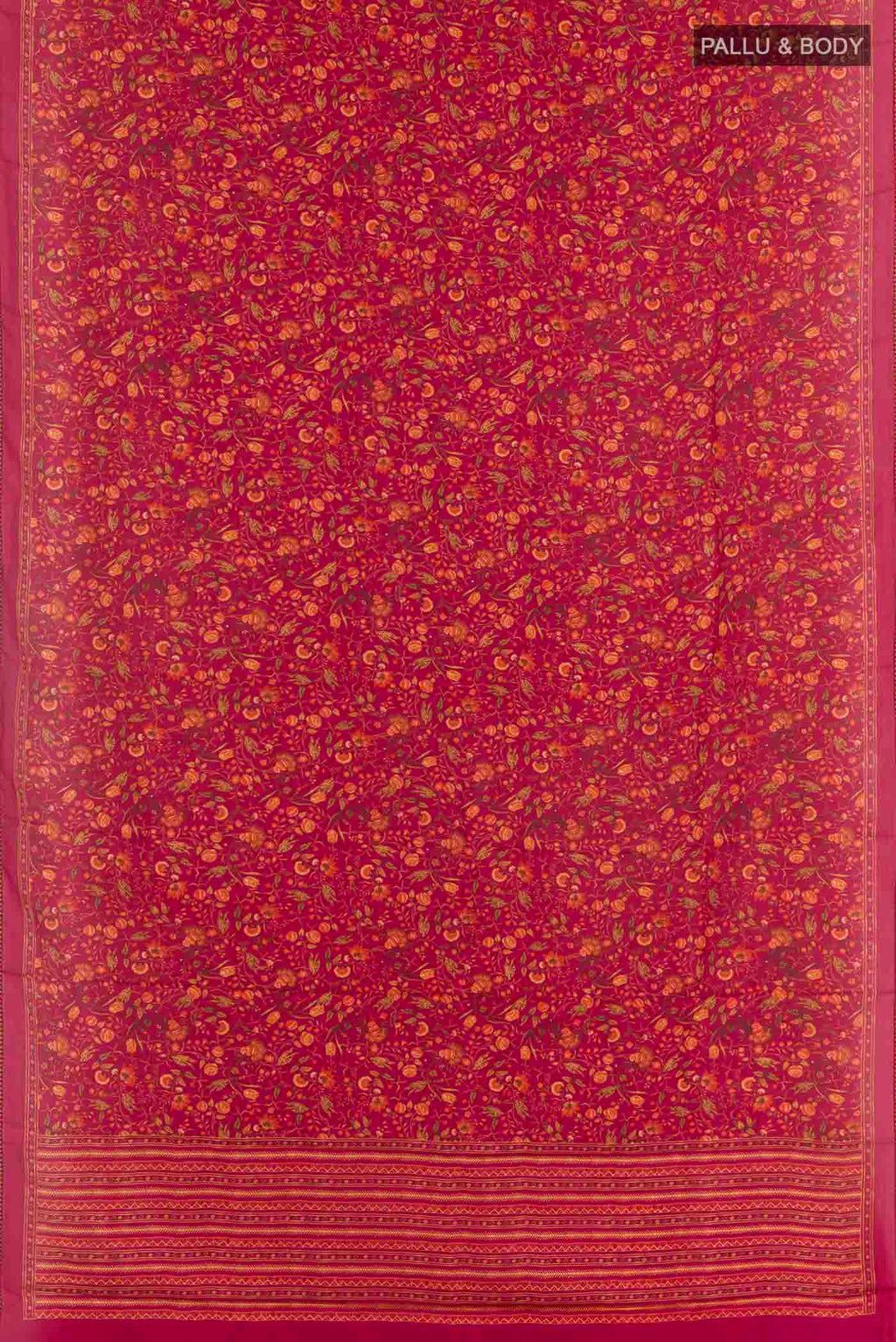 Flat view of Pink Printed Silk Saree with Printed design on the body and Plain Border. 