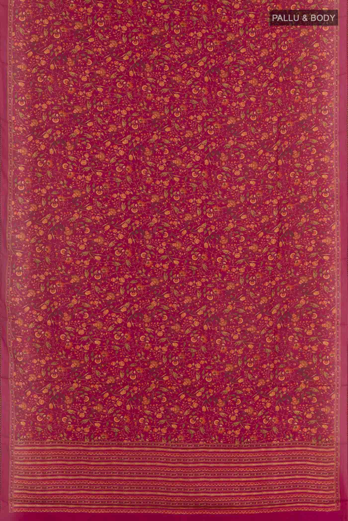 Flat view of Pink Printed Silk Saree with Printed design on the body and Plain Border. 