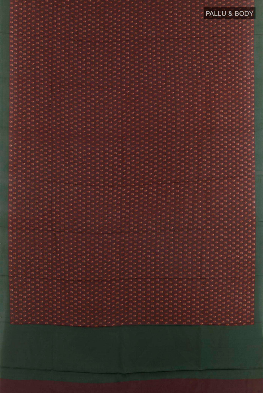 Flat view of Brown Printed Silk Saree with Printed design on the body and Plain Border. 